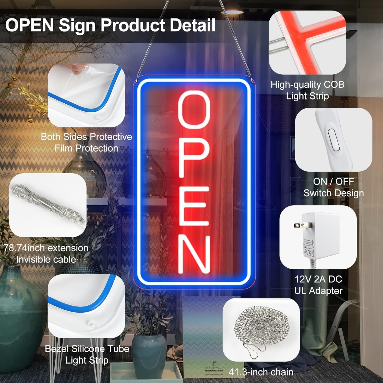 22.8×11.8 Inch LED Open Sign for Business Neon Light Indoor Blue and Red