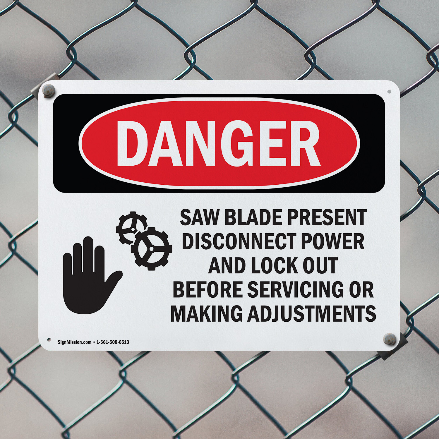 (2 Pack) Saw Blade Present Disconnect OSHA Danger Sign Decal Metal Plastic