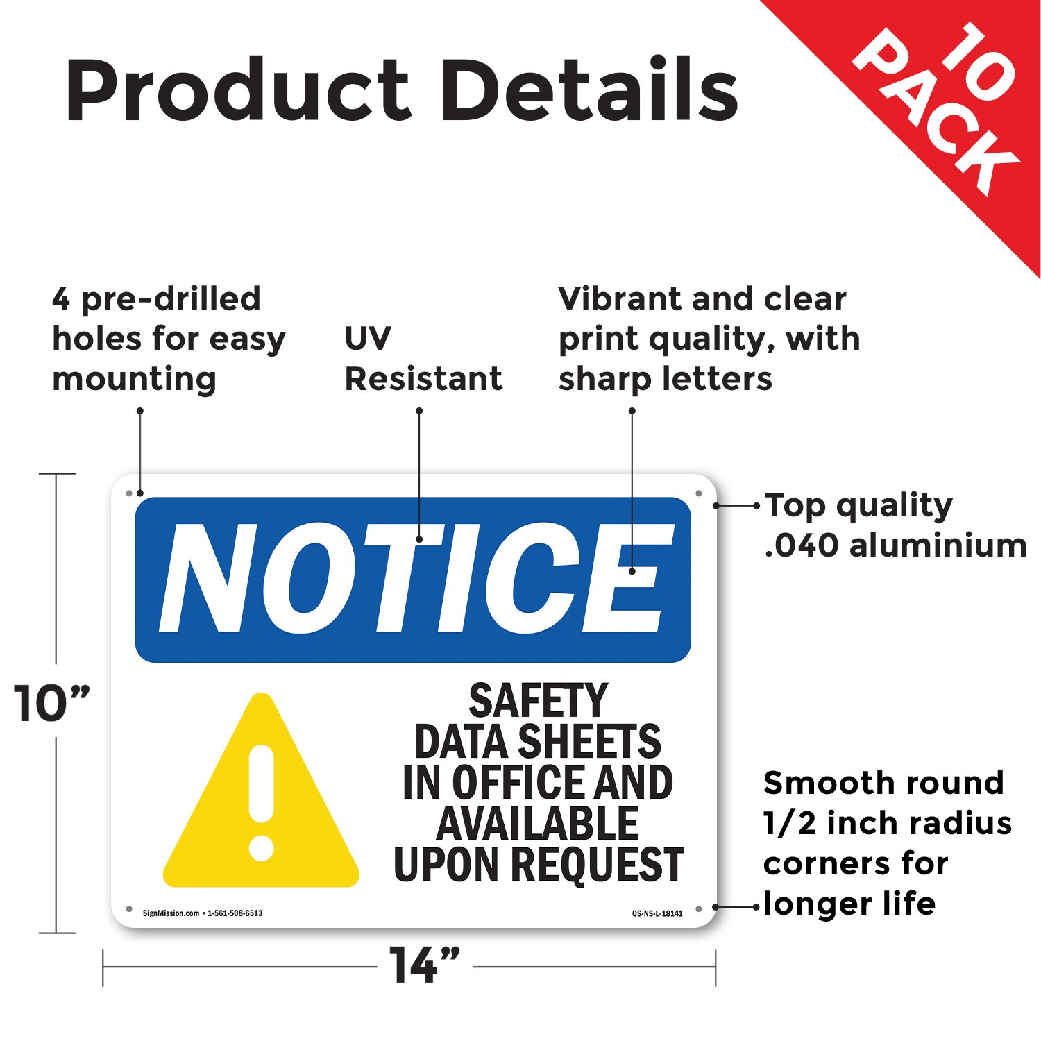 Safety Data Sheets In Office OSHA Notice Sign Metal, Plastic, Decal 5 or 10 Pack