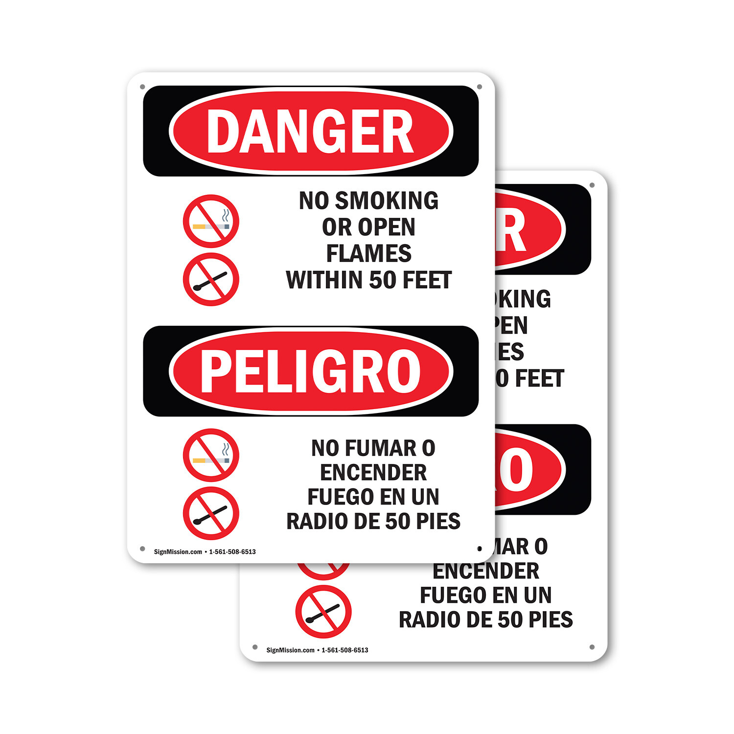 (2 Pack) No Smoking Or Open Flames 50 Feet Bilingual OSHA Danger Sign Decal