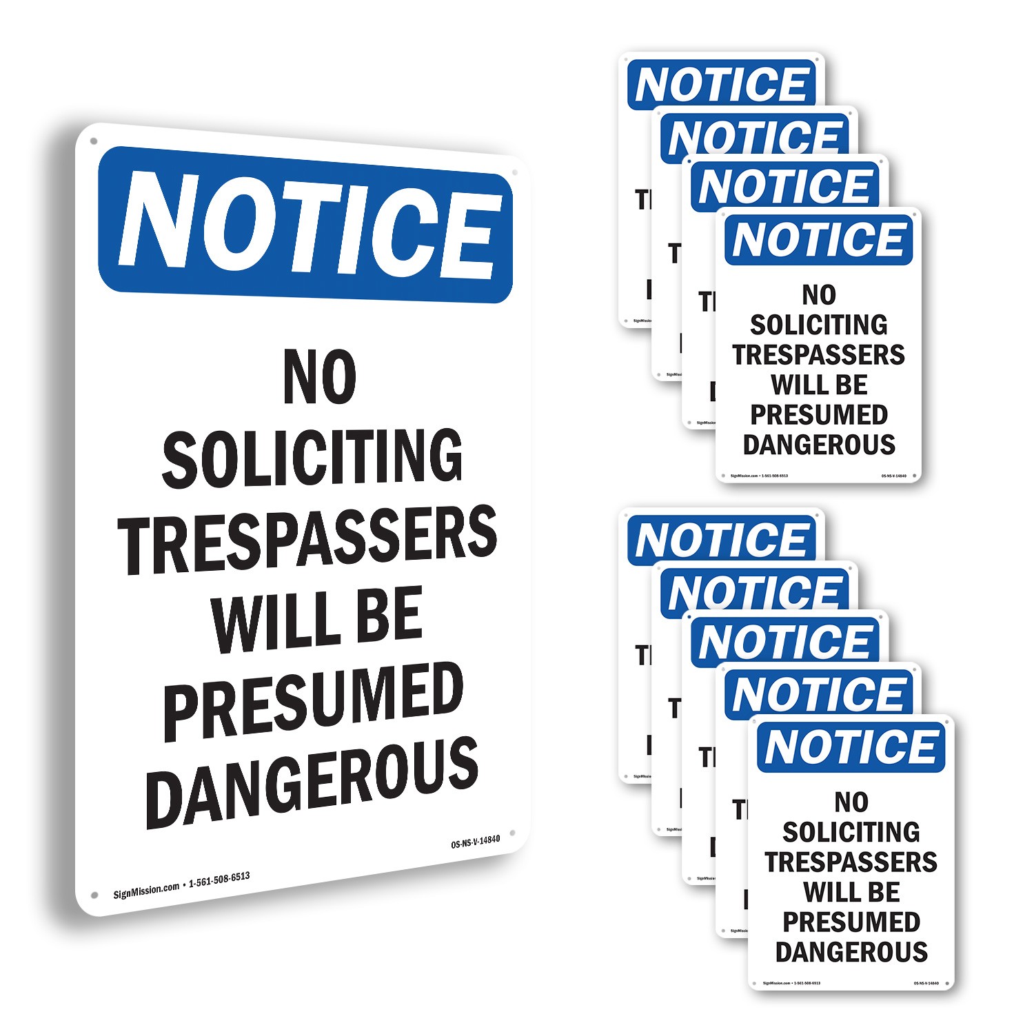 No Soliciting Trespassers Will OSHA Notice Sign Metal,, Decal 5 or 10 Pack