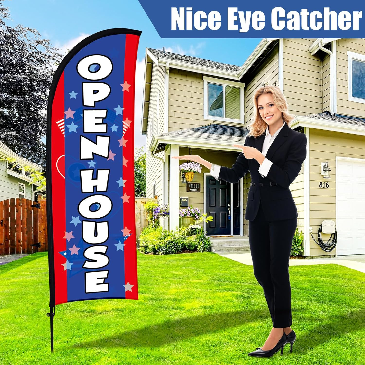 4 Pack Real Estate Open House Feather Flags with Poles & Stakes – Blue/Red