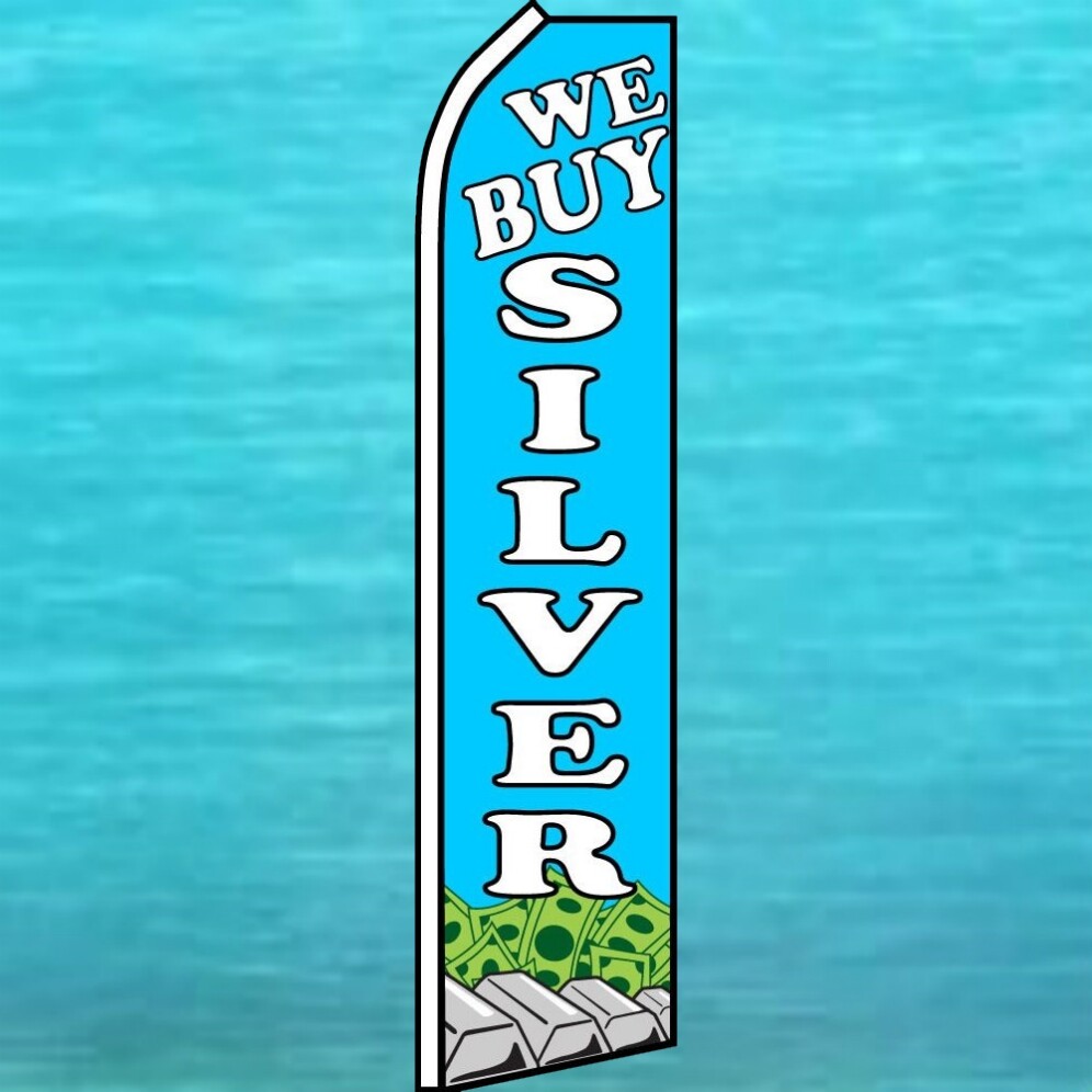 WE BUY SILVER FLUTTER FLAG Tall Curved Advertising Sign Feather Swooper Banner