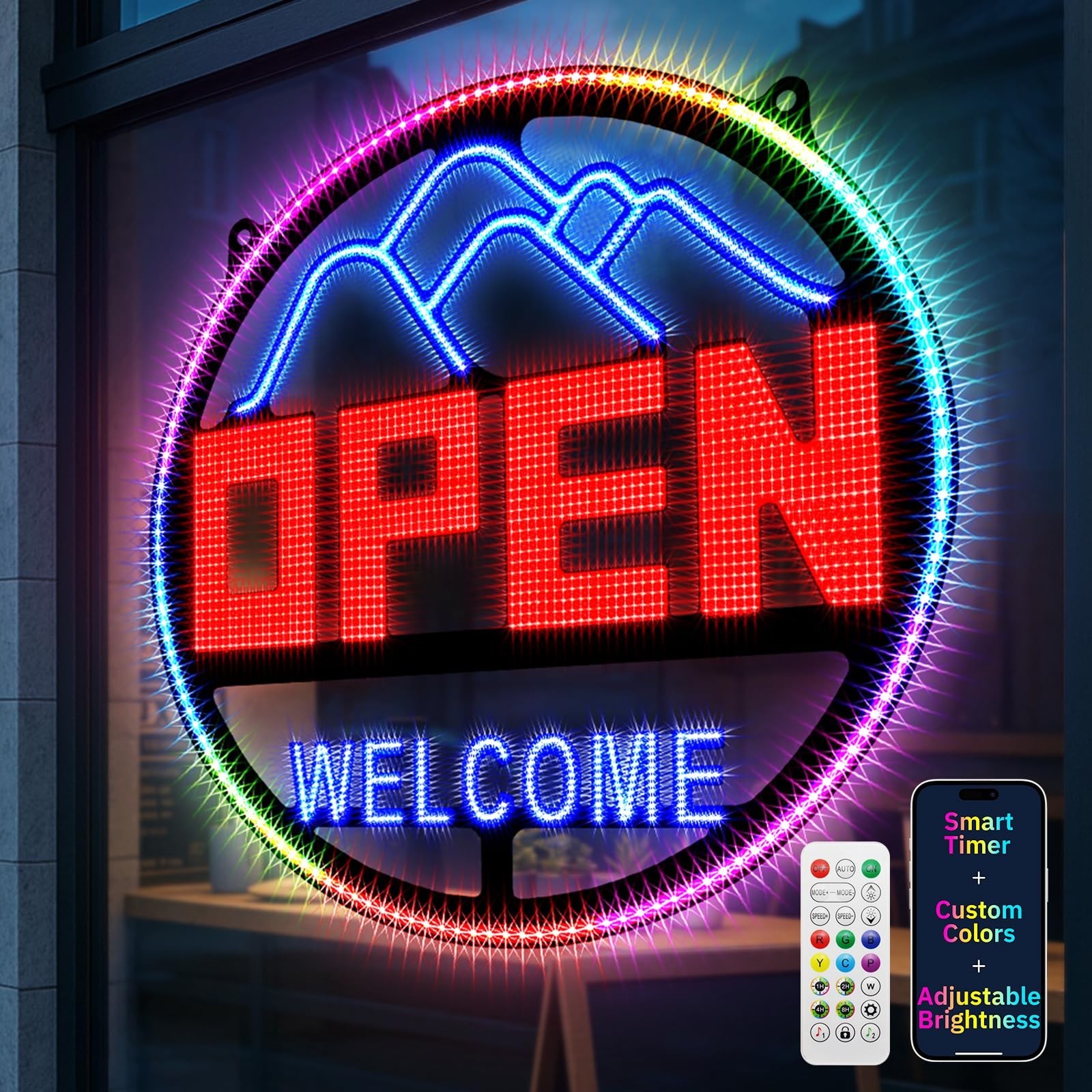 Bright LED Open Sign 16″x16″ – Remote Control, DIY Colors, Timer, 48 Modes, Adju