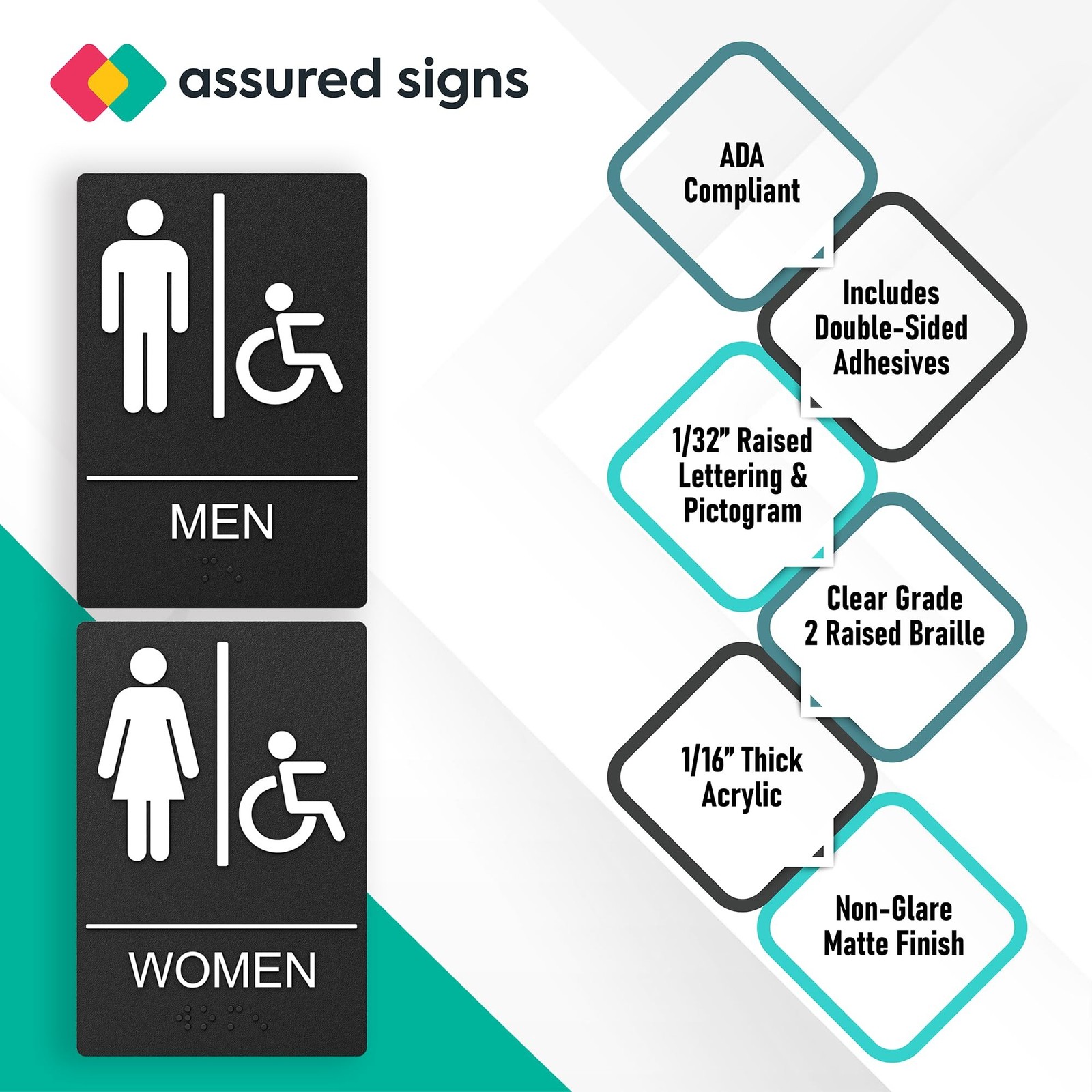 ASSURED SIGNS Restroom Signs 10pk 9×6 ADA Compliant Braille Handicap