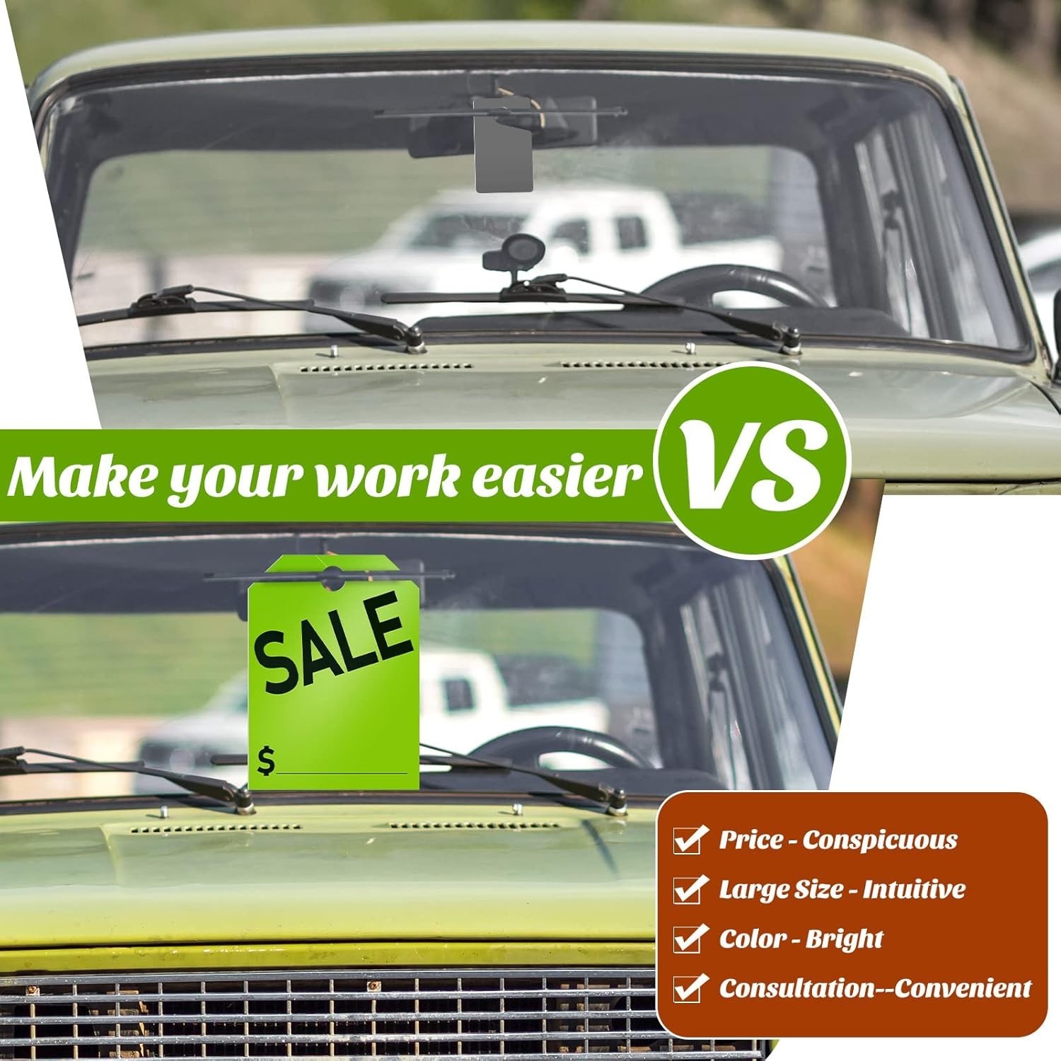 100Pack Sale Tags Car Sale Sign Dealer Mirror Hang Tags 8.5 x 11.8 Inches(Green)