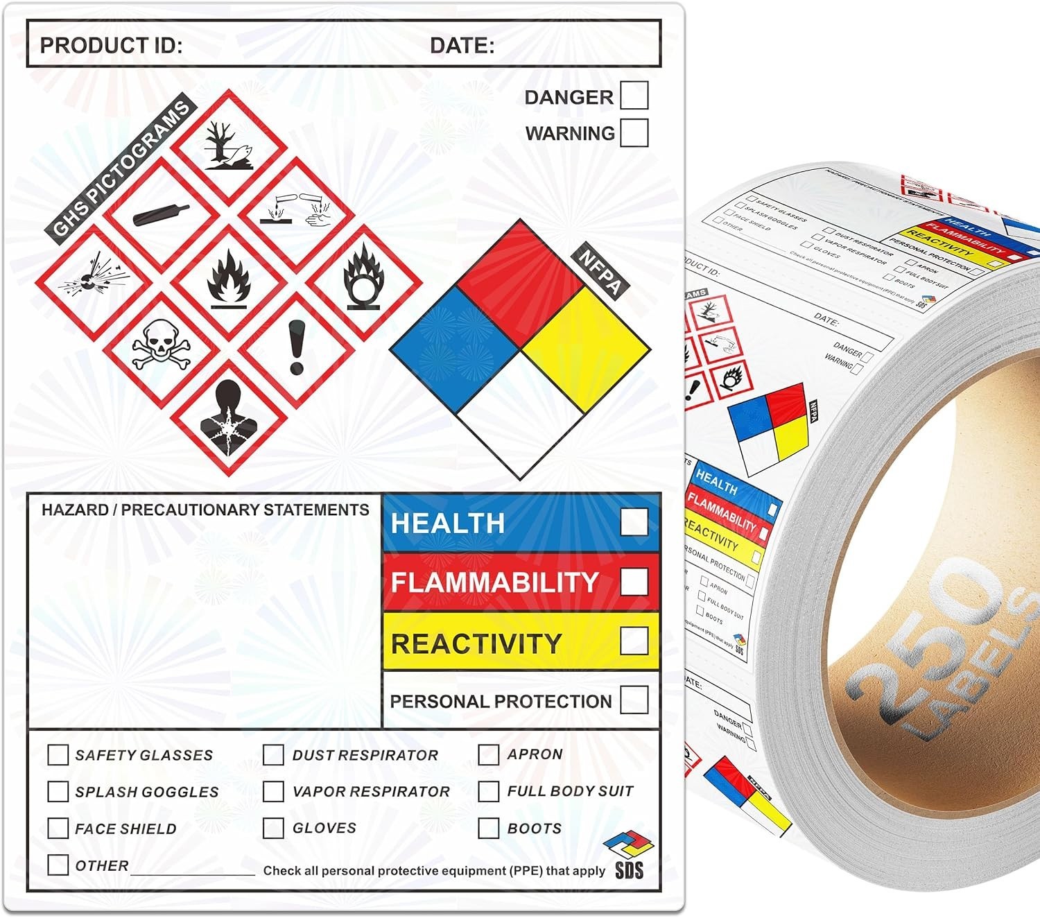 SDS Label Stickers 4 x 3 Inches, Roll of 250 MSDS OSHA Data Stickers with GHS…