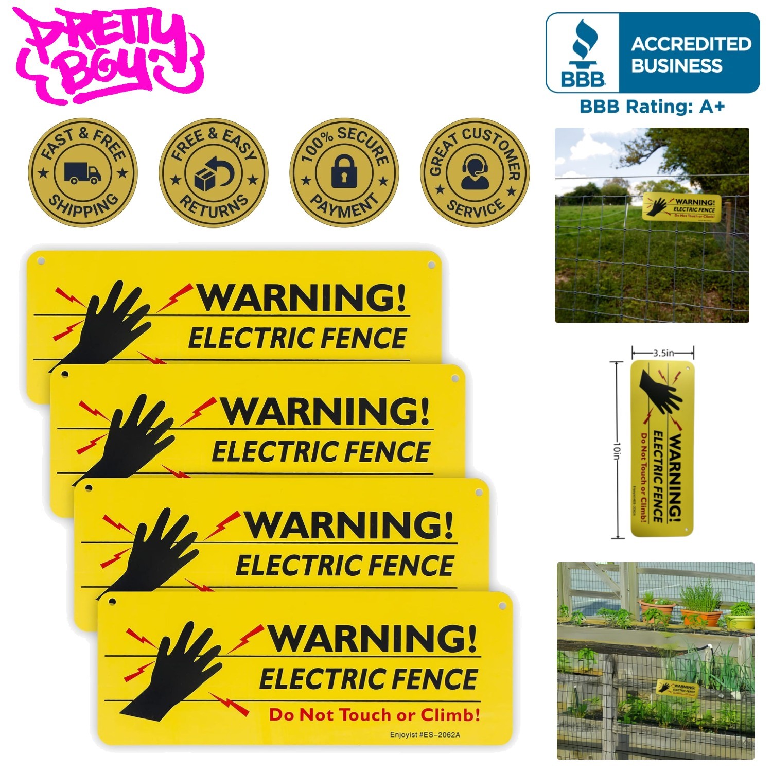 4-Pack Warning Electric Fence Safe Sign, 10″x 3.5″ Plastic Sign
