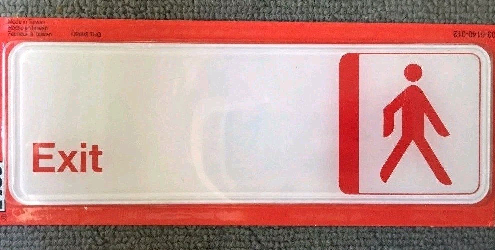 EXIT SIGN self stick Wht Red 3×9″ Retail Business School Fire Safe Visual Impact