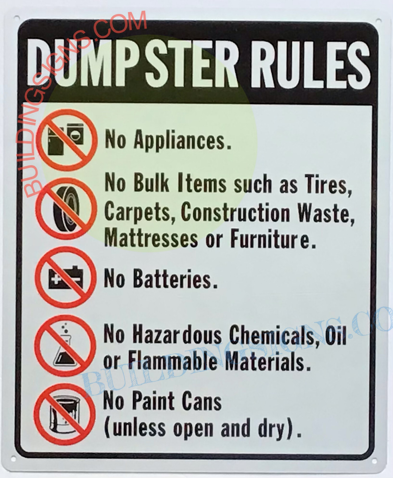 DUMPSTER RULES WITH SYMBOLS SIGN (10×12, White, Aluminum)