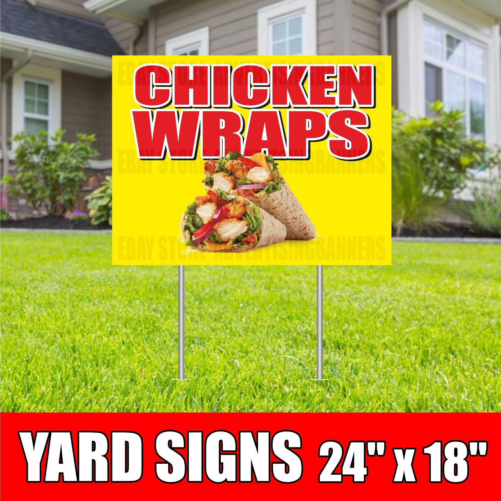 CHICKEN WRAPS Yard Sign with H-Stakes Fried Hot Fresh Street Food Drinks Wings