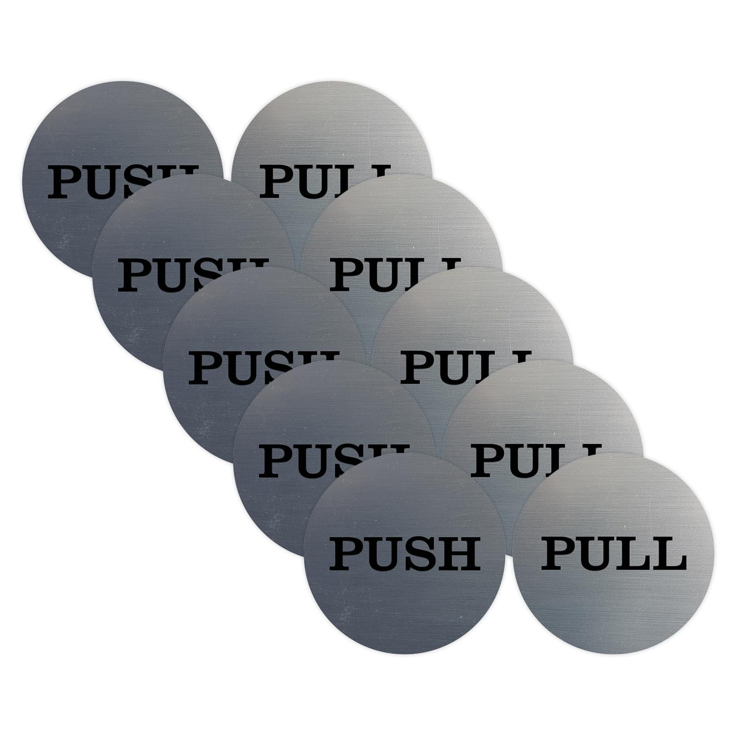 All Quality 2″ Round Push Pull Door Signs (brushed Silver) – 5 Set (10pcs)