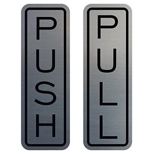 Classic Vertical Push Pull Door Signs – Medium (1-5/8″ x 5″) Brushed Silver