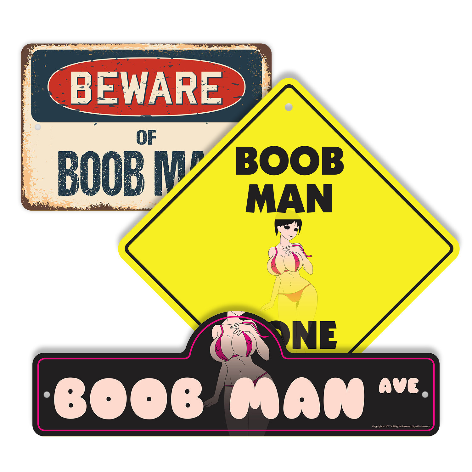Boob Man (3 Pack) Plastic Street Sign Crossing Warning Vintage Rustic Beware