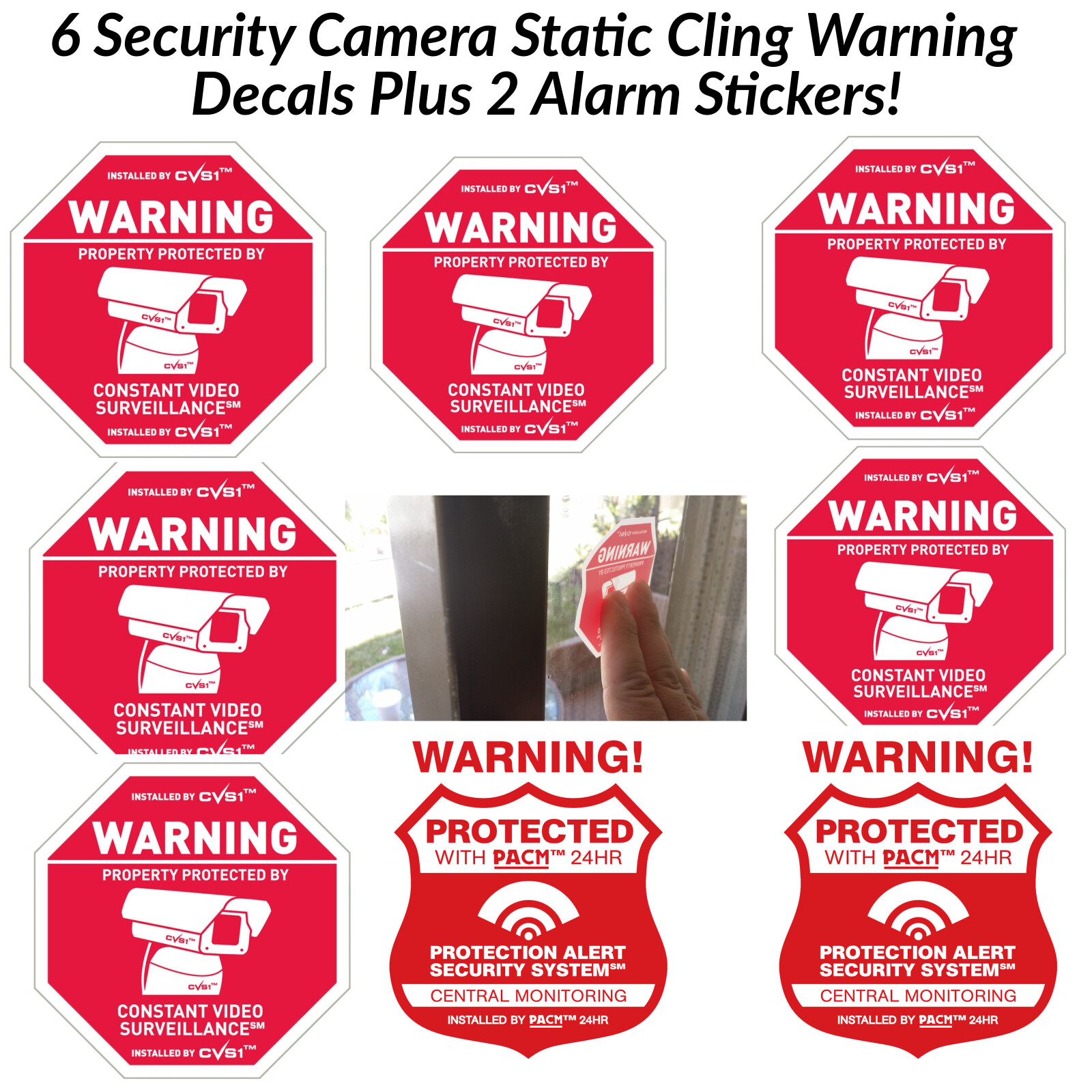 6 Security Camera Warning STATIC CLING Decals & 2 Alarm System Sticker