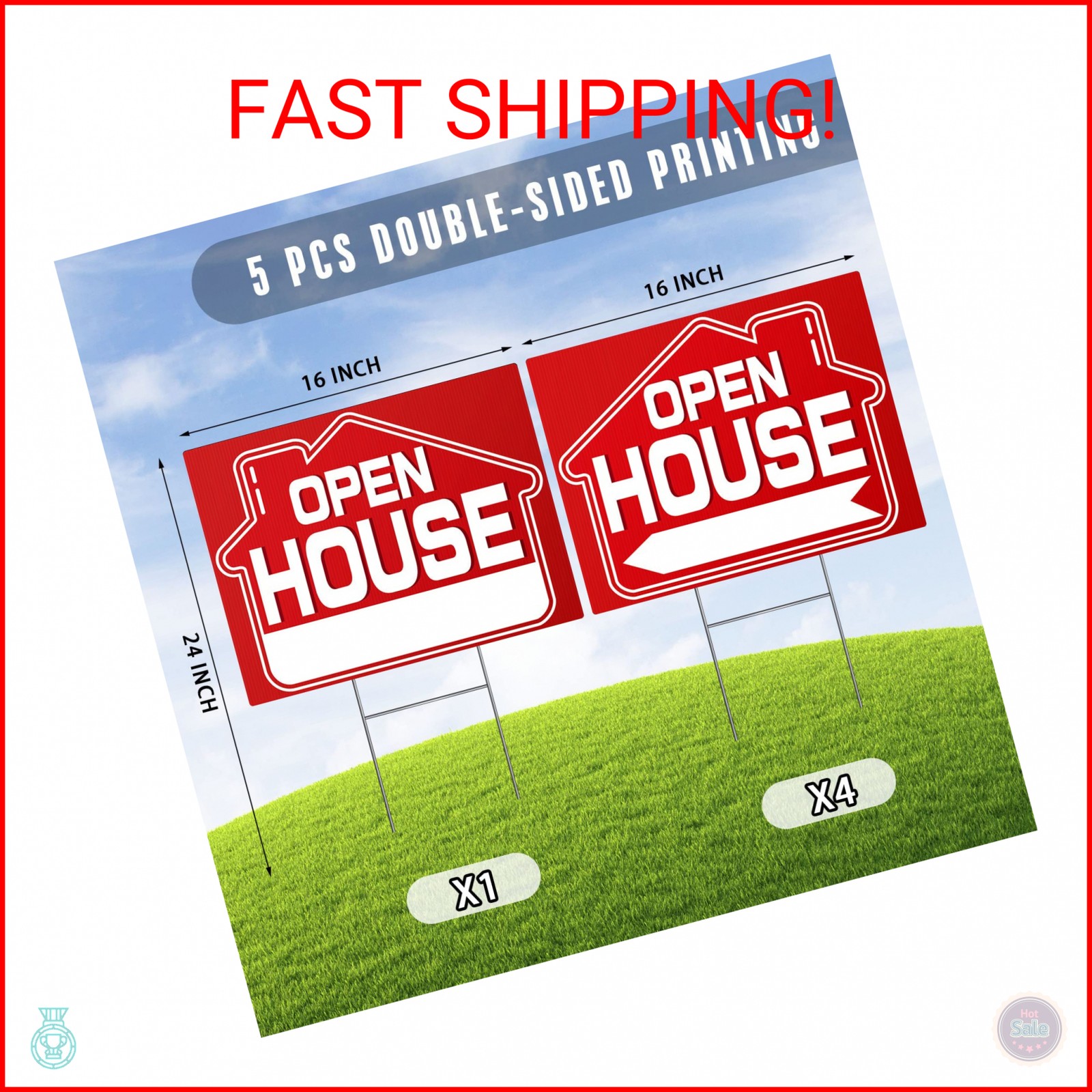 Open House Signs (5 Pack), 16″ x 12″ Double-Sided Yard Sign With Metal H Stakes,
