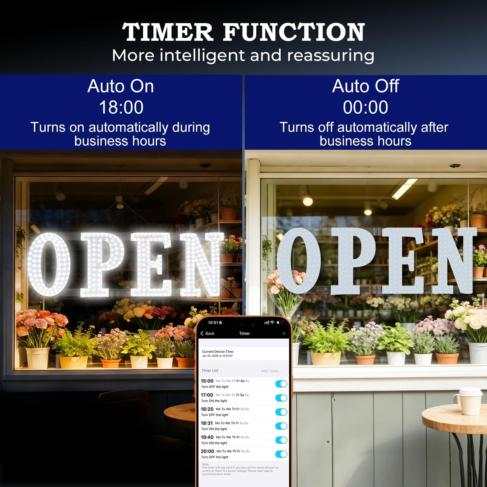 30″x10″ Smart LED Open Sign – APP & Remote Control, 10 Modes & Brightness, Thick