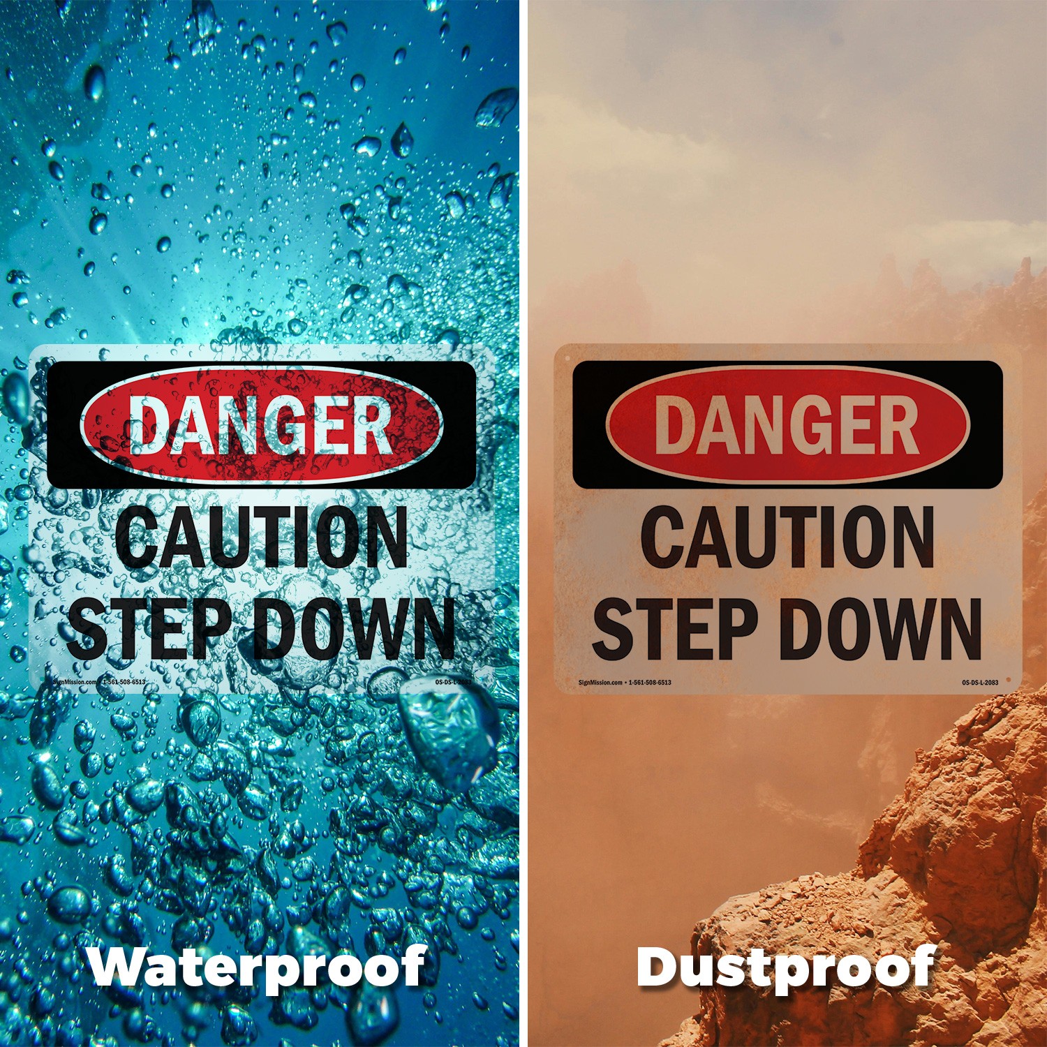 Caution Step Down OSHA Danger Sign Metal, Plastic, Or Decal – 5 or 10 Pack