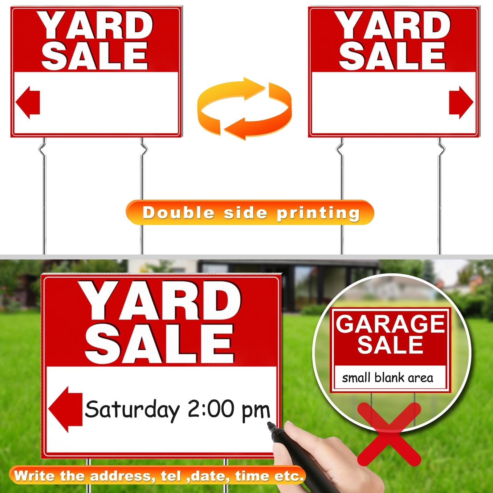 Garage Sale Kit, 3 Large Yard Signs, Directional Arrows, Corrugated Plastic, Red