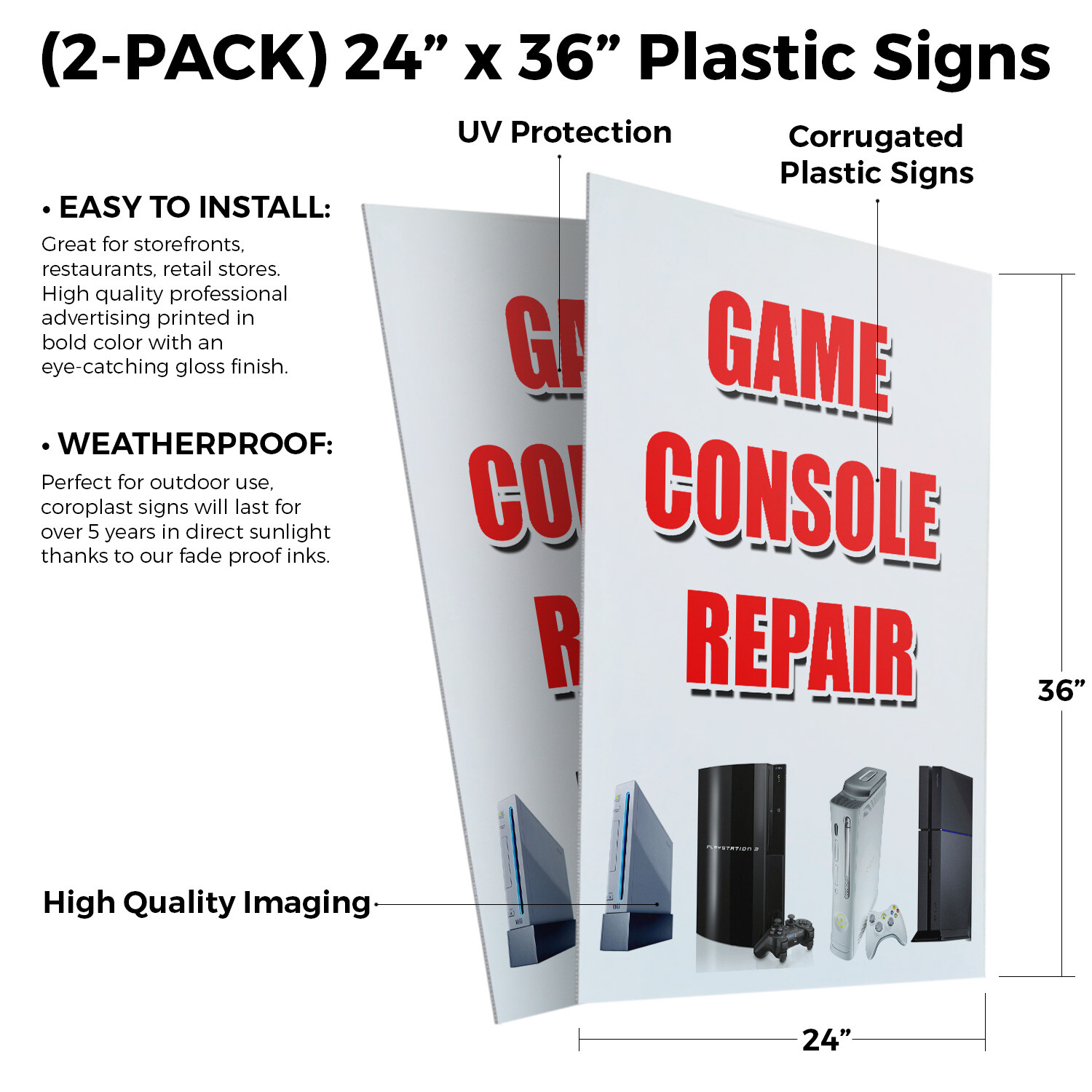 Game Console Repair 24″ x 36″ 2 Pack Of Store Sign Plastic Or Decal
