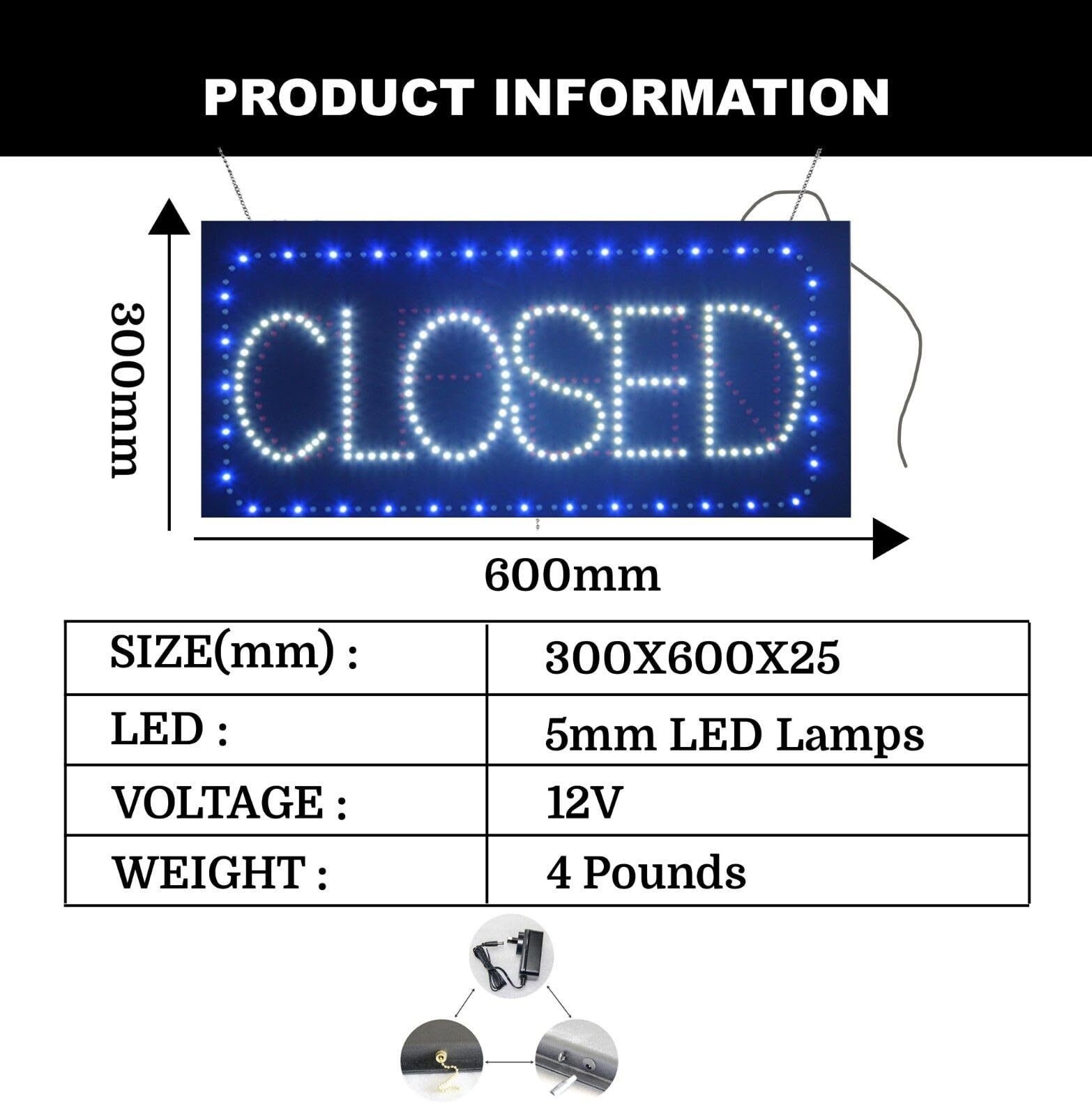 LED Open/Closed Sign for Business Displays | Light Up Sign | 12″H x 24″W x 2″D