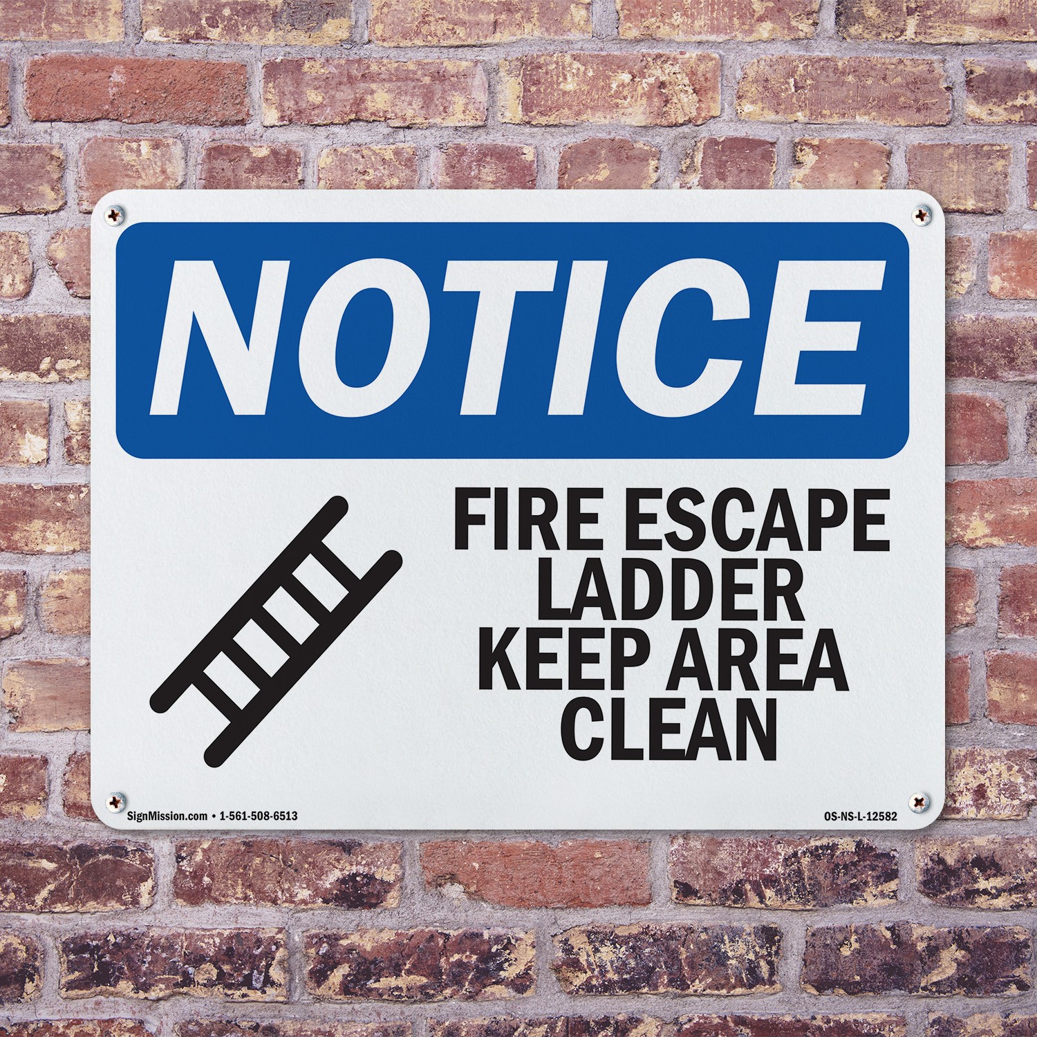 Fire Escape Ladder Keep Area Clear OSHA Notice Sign Metal, Decal – 5 or 10 Pack