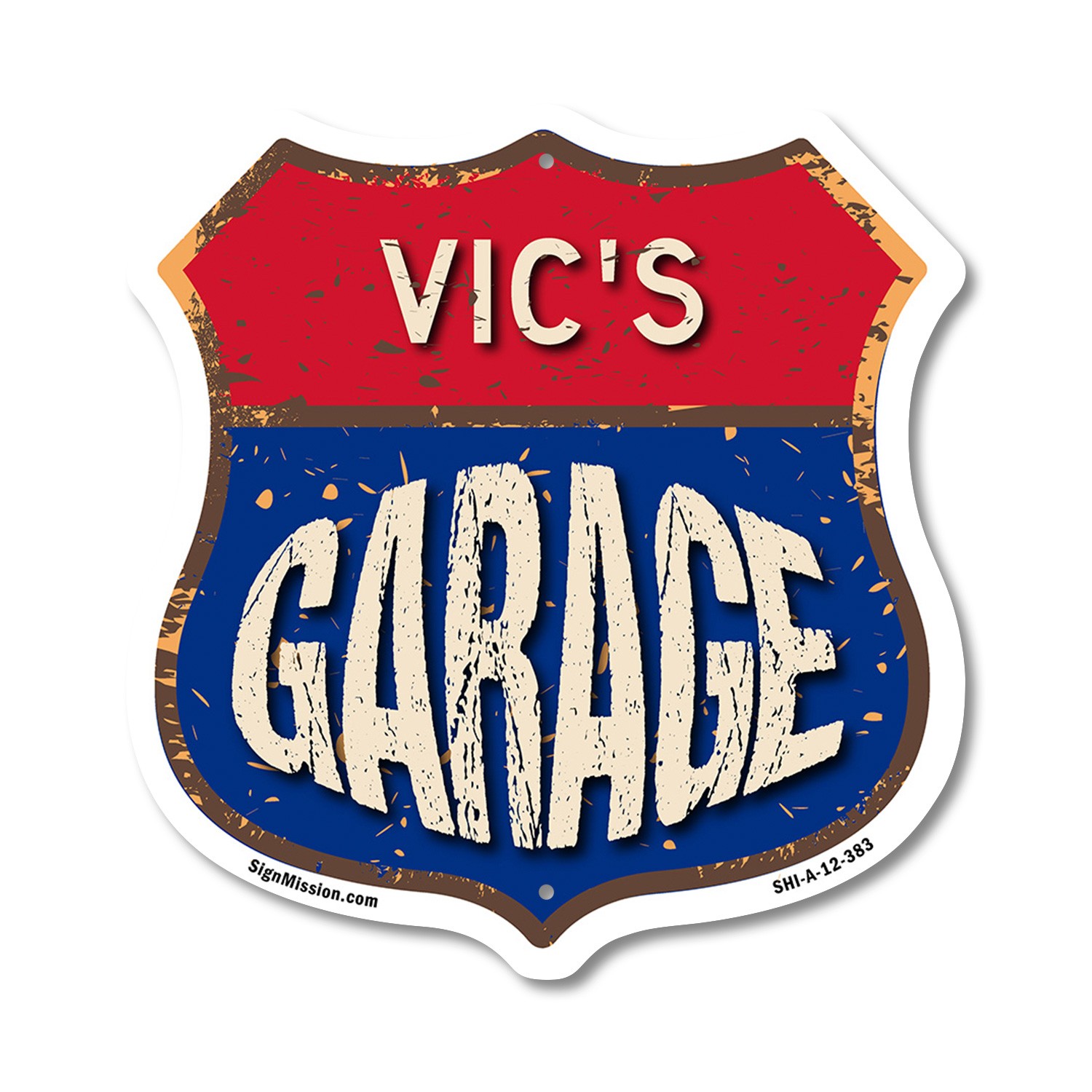 Vic’s Garage Shield Shaped Sign Weather Resistant Crafted in the USA