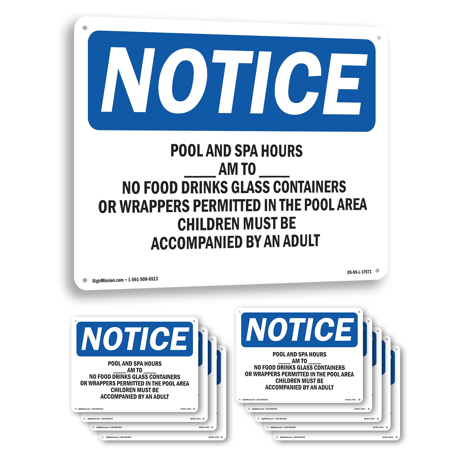 Pool & Spa Hours ____ Am To ____ Pm No Food OSHA Notice Sign, Decal 5 or 10 Pack