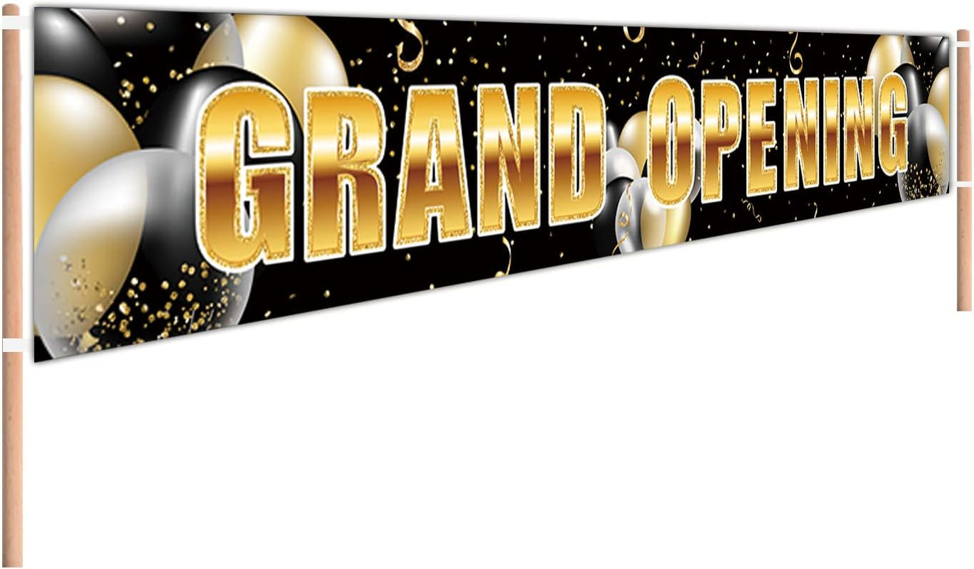 Large Grand Opening Banner, Black Gold Large Business Opening Backdrop