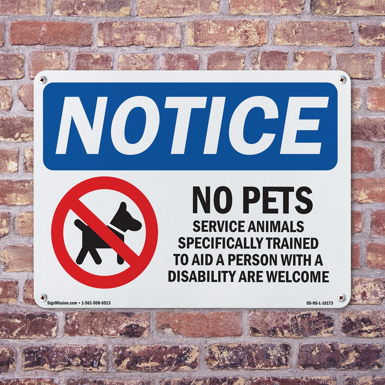 No Pets Service Animals Allowed OSHA Notice Sign Metal,, Decal 5 or 10 Pack