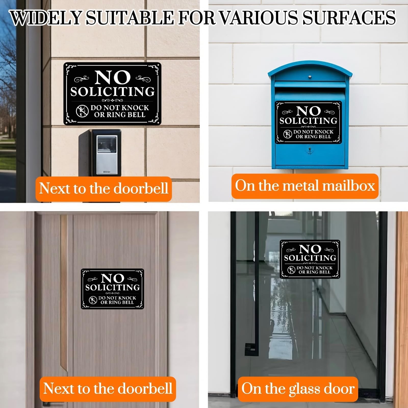 No Soliciting Sign for Front Door 9×6 Inches, 2 Pack Self-Adhesive Aluminum Meta
