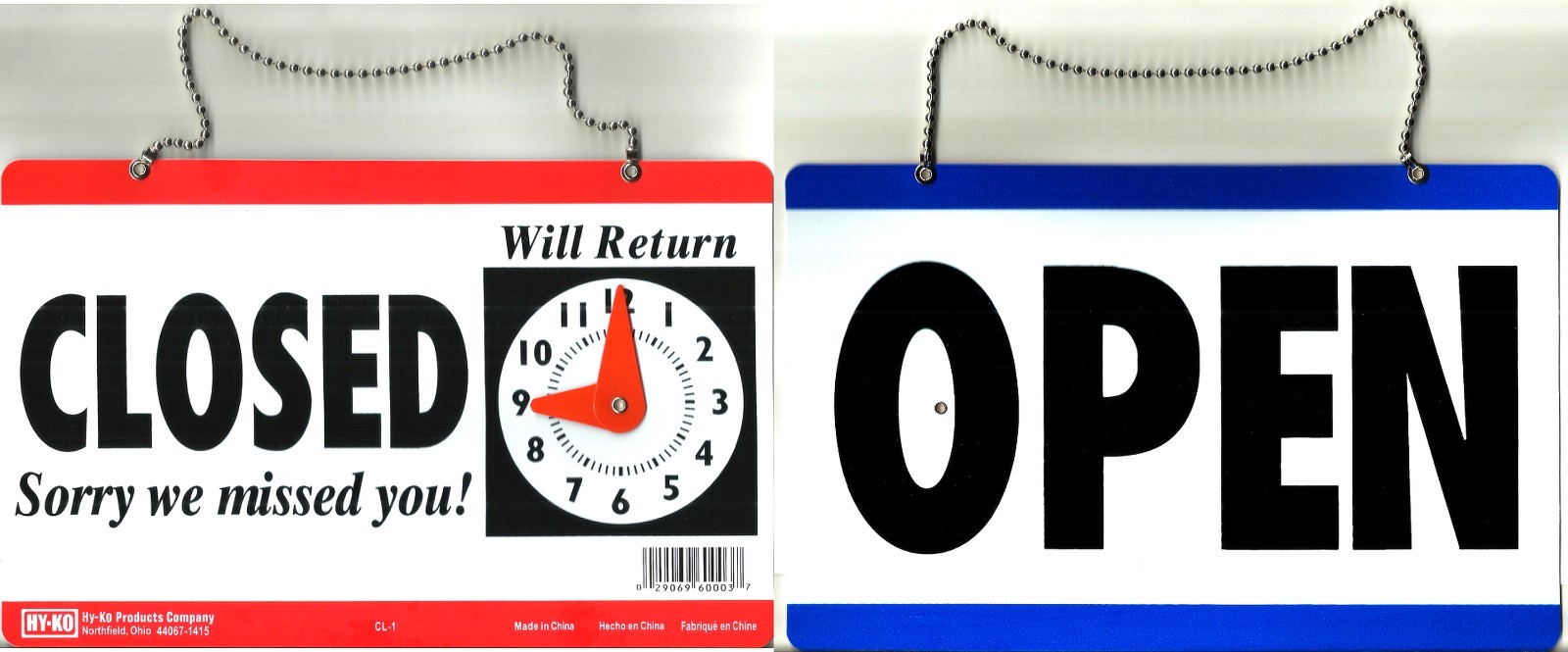 OPEN CLOSED Hanging Door SIGN w/ Adjustable Clock Sorry We missed you HY-KO CL-1
