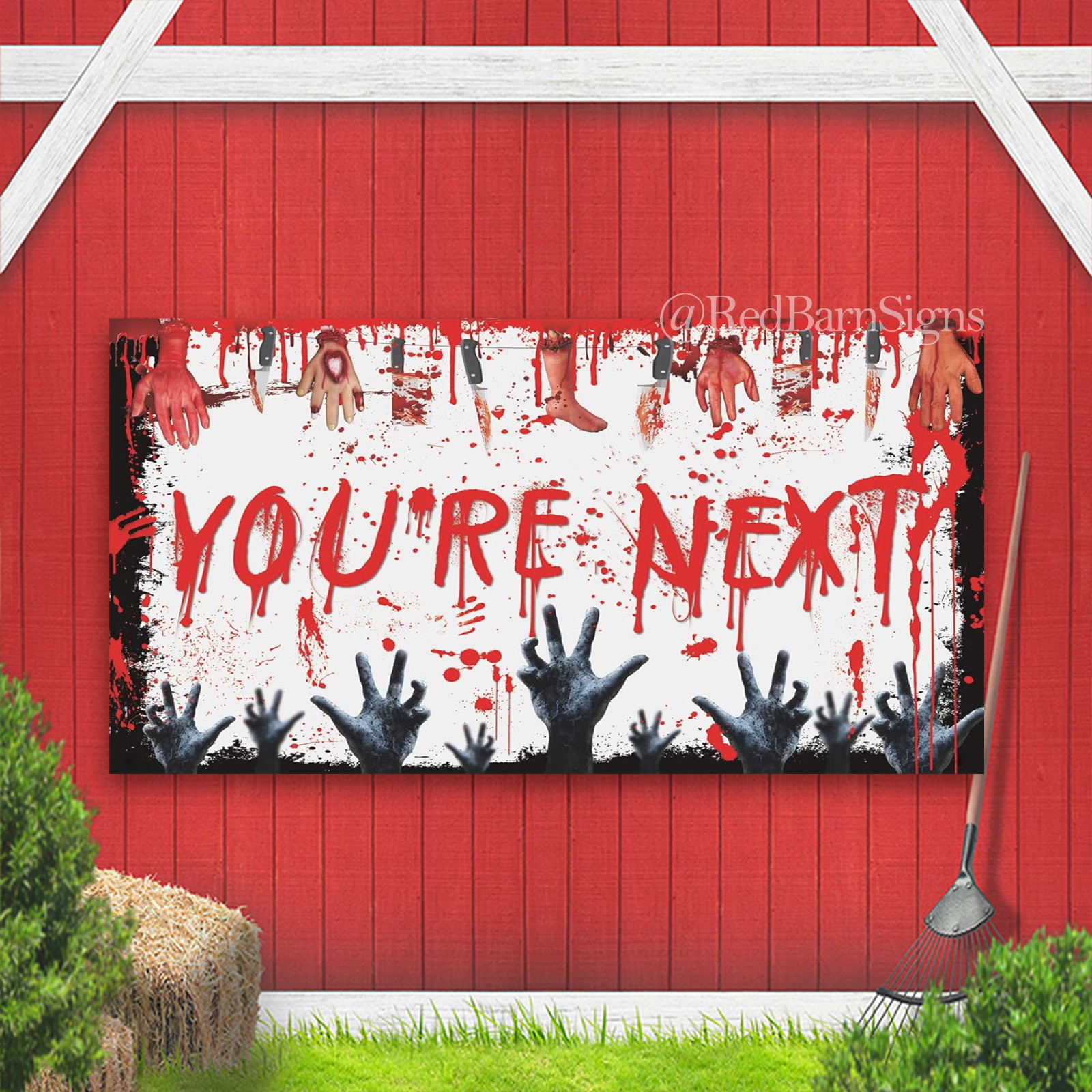 Halloween Yard Banner Sign Backdrop You’re Next with Hands Shadow Banner