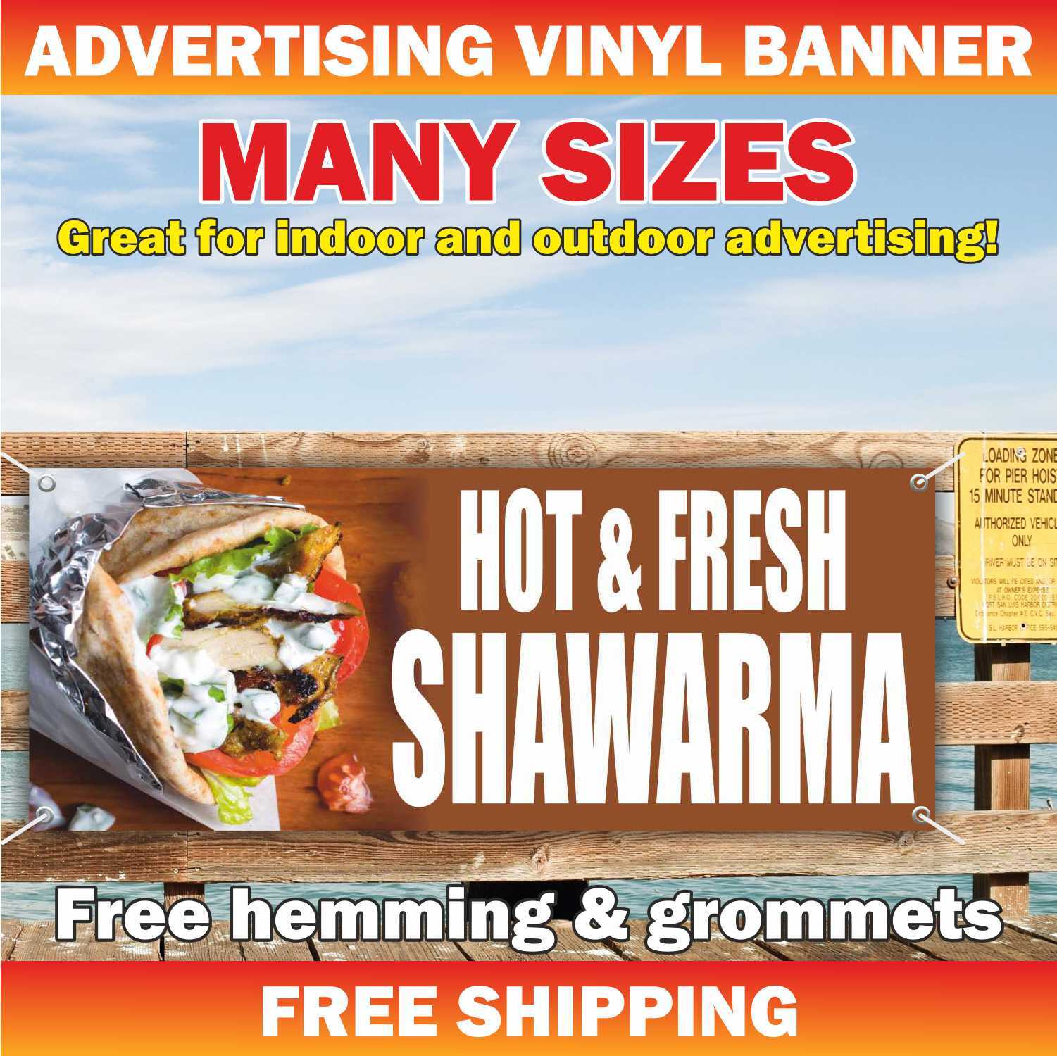 HOT FRESH SHAWARMA Advertising Banner Vinyl Mesh Sign burger food bar pie slice