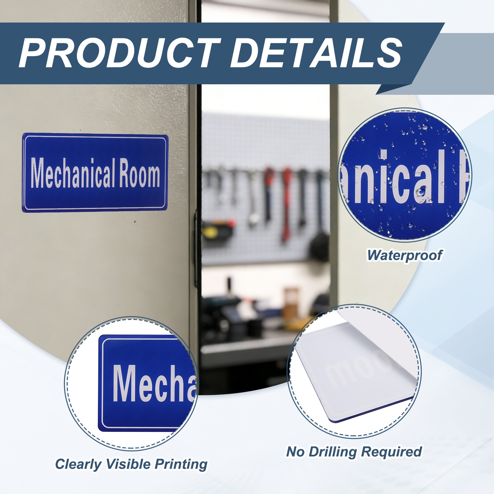 9″x3″ Mechanical Room, 2Pcs Room Door Sign, Navy Blue with White Text