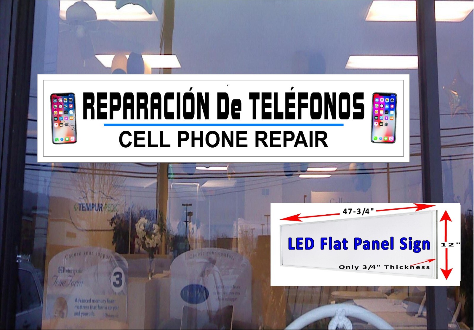 Reparacion De Telefonos (Spanish) Cell Phone Repair LED light box sign 48″x12″