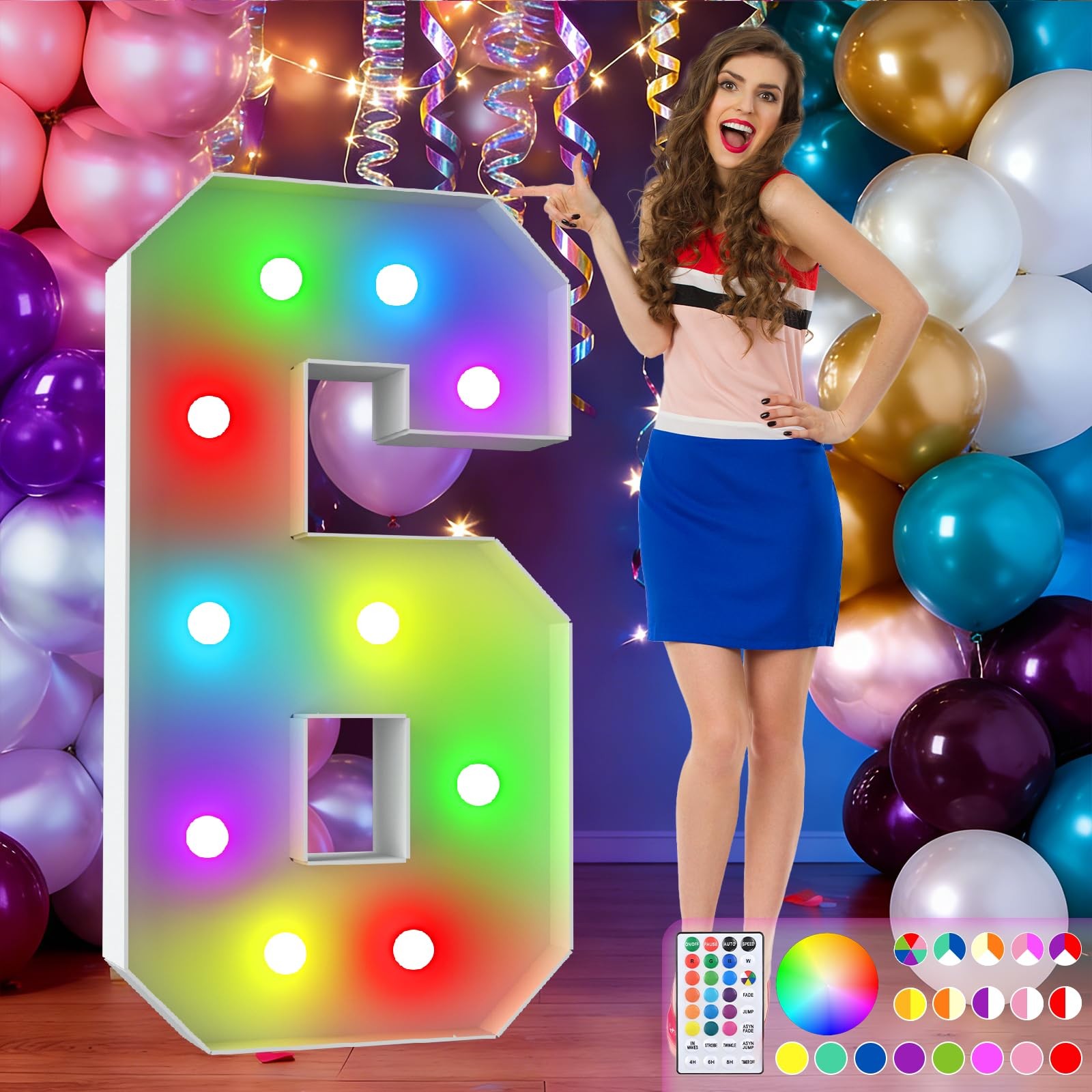 3FT Colorful Marquee Numbers,18-Color Number 6 with Remote Control Large Ligh…