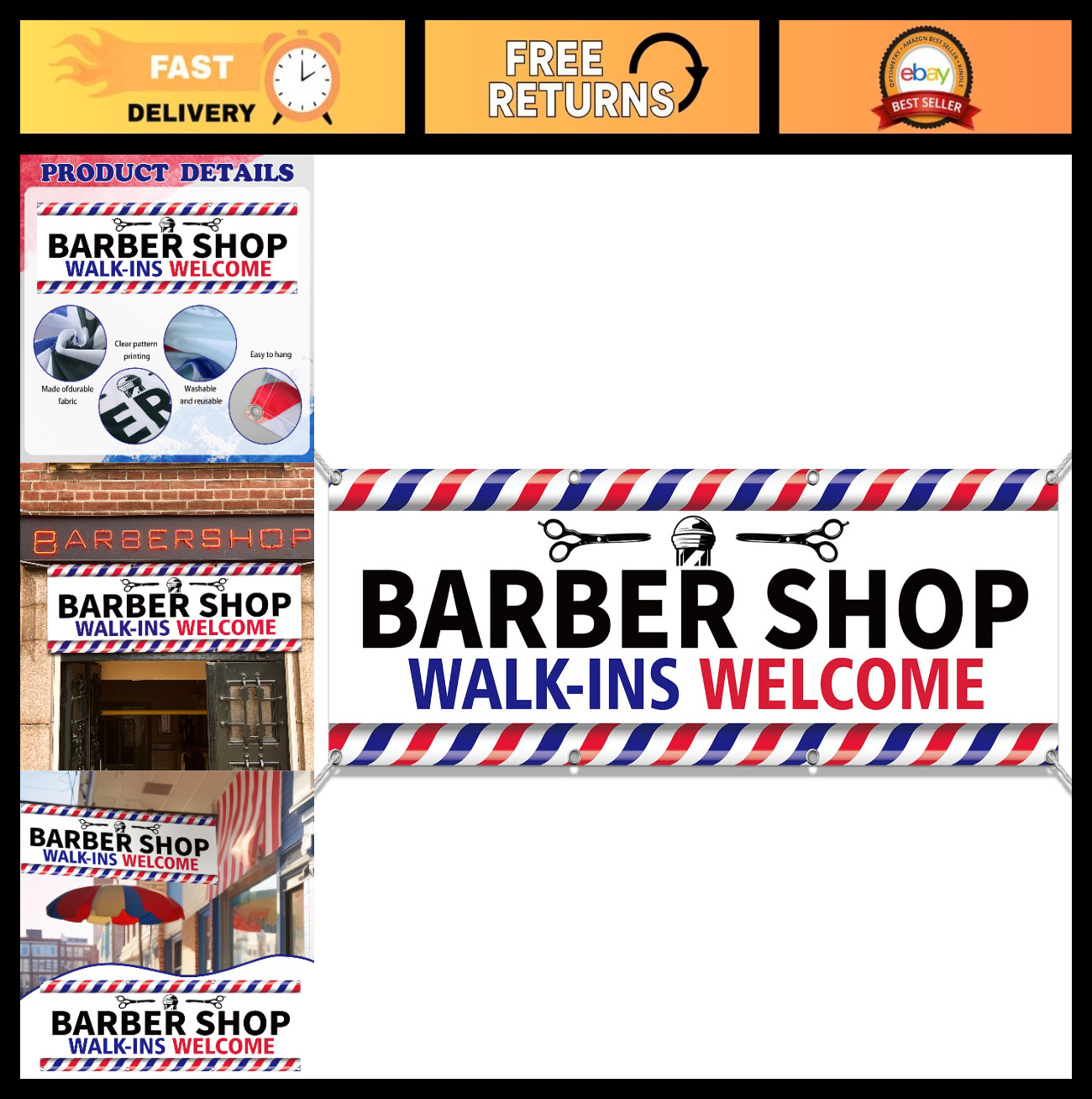 2×6 ft Barber Shop Welcome Banner – Red White Blue Striped Sign with Grommets