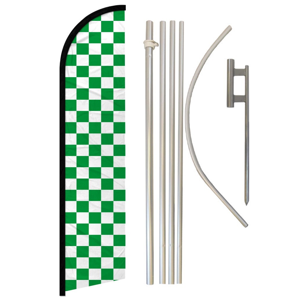 Green & White Checkered Windless Banner Swooper Advertising Flag Pole Kit Racing