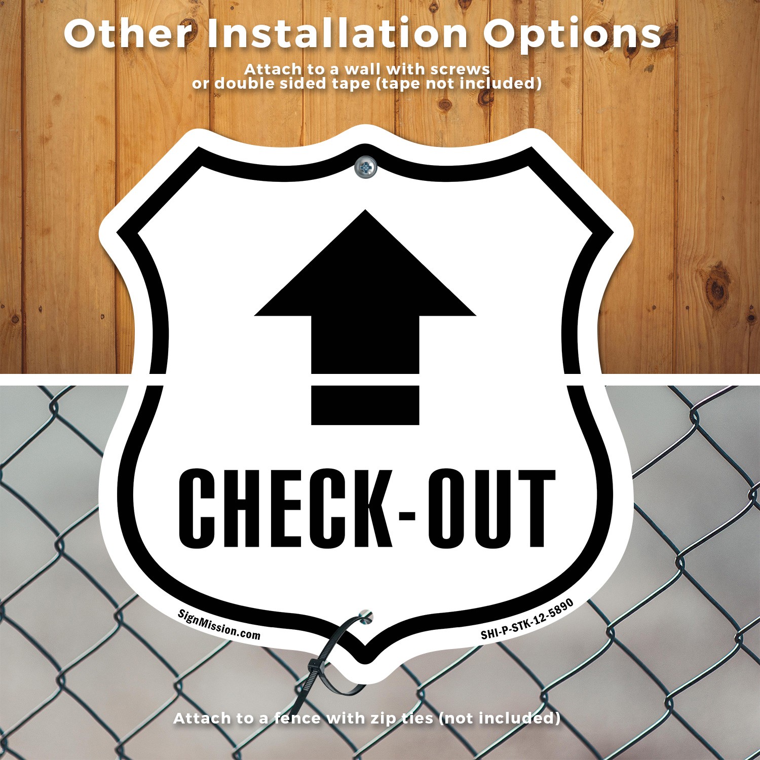 Check-Out Up Shield Shaped Sign With Stake Weather Resistant Crafted in the USA
