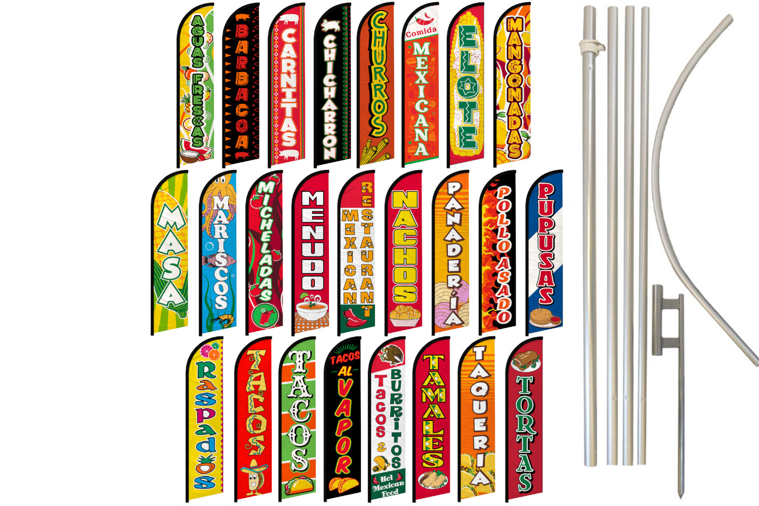 Mexican Food Full Curve Windless Swooper Flag & Pole Kit Restaurant Tacos Tortas