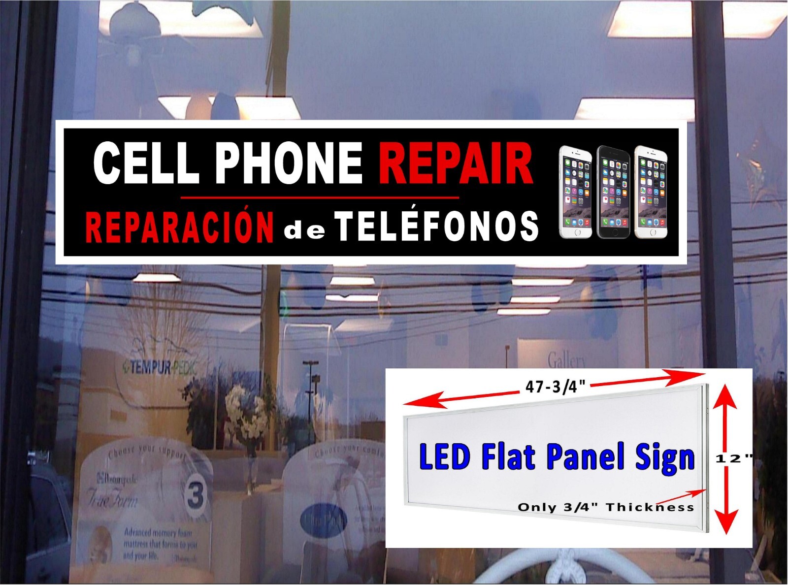 Cell Phone Repair Reparacion De Telefonos LED light box window sign 48″x12″