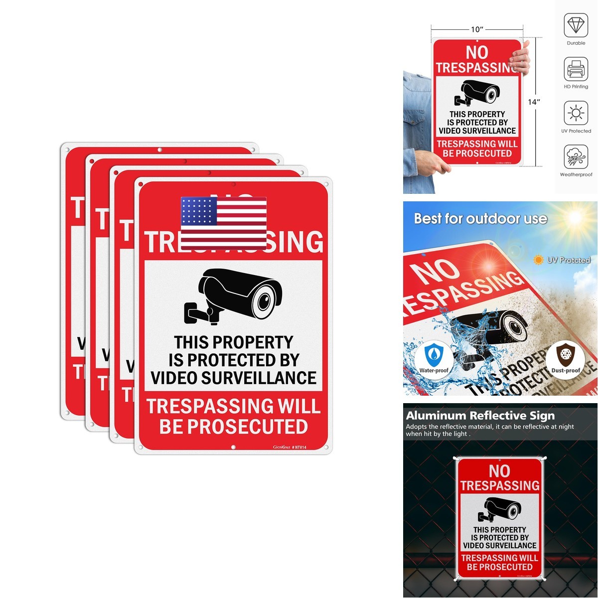 Gicnkeuz Large Video Surveillance Signs 14X10 Inches No Trespassing Sign