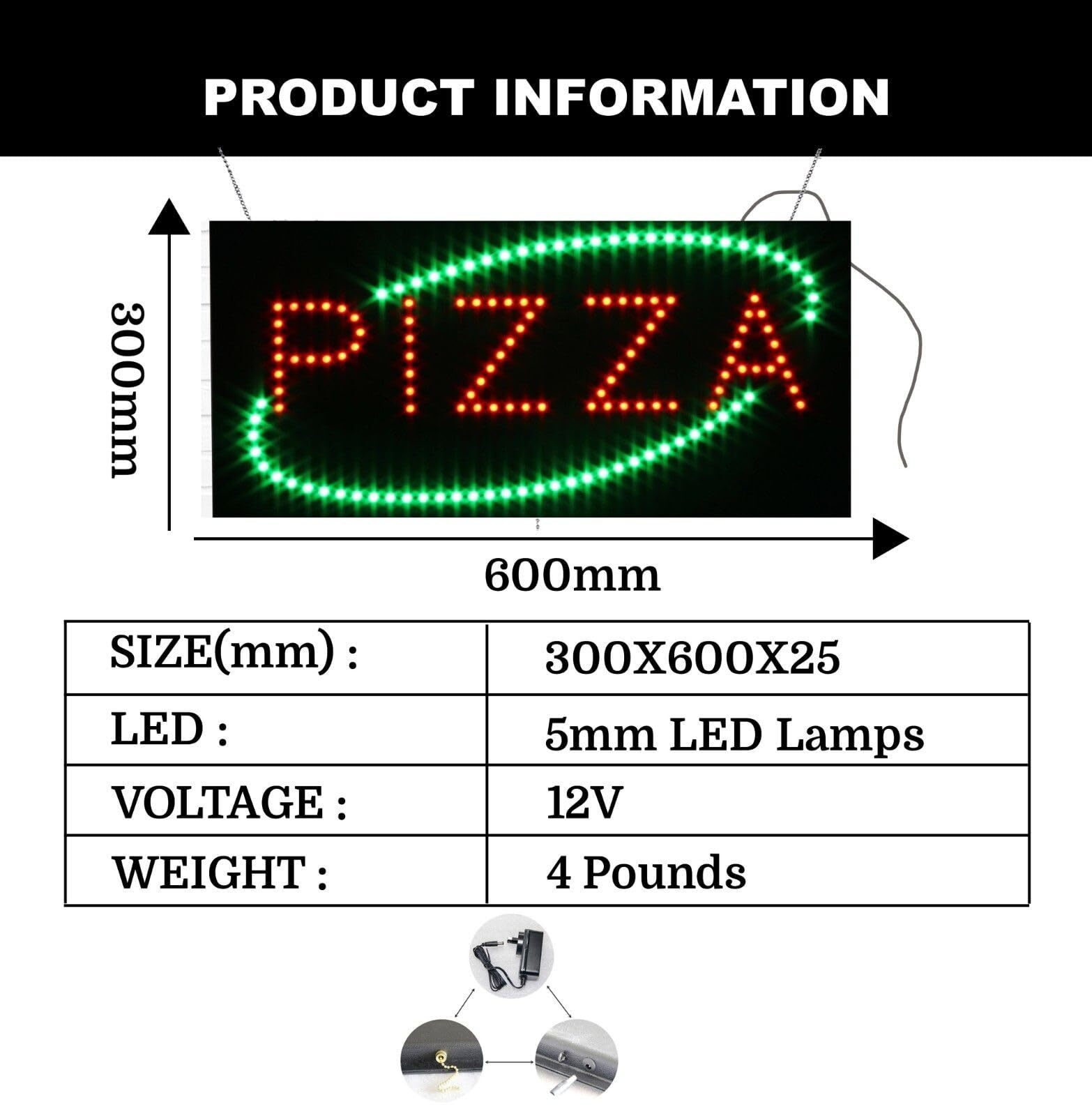 LED Pizza Sign for Retail Business Displays | Light Up Sign | 12″H x 24″W x 2″D