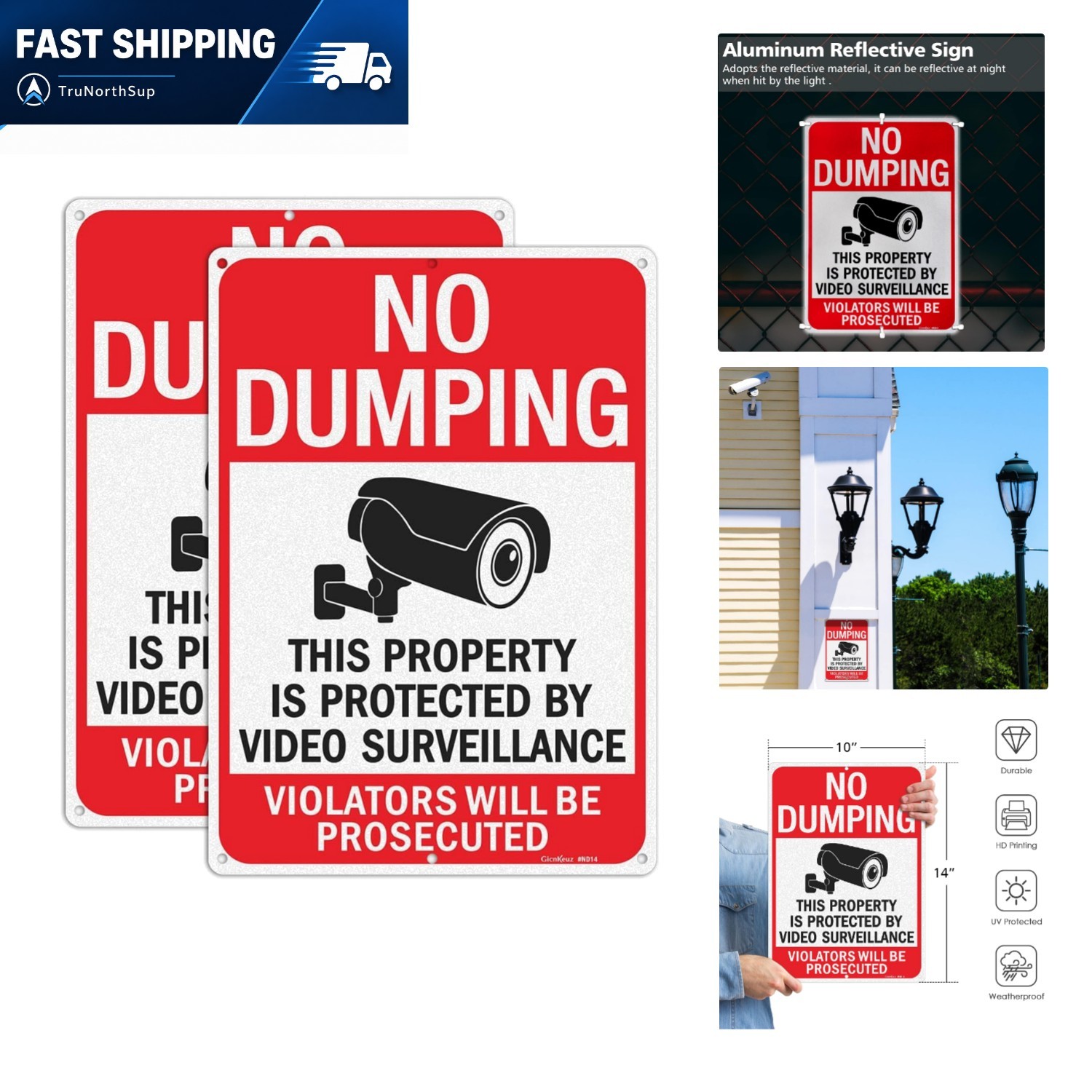 No Dumping Signs 14×10 Inches Aluminum 2 Pack Property Video Surveillance Ref…