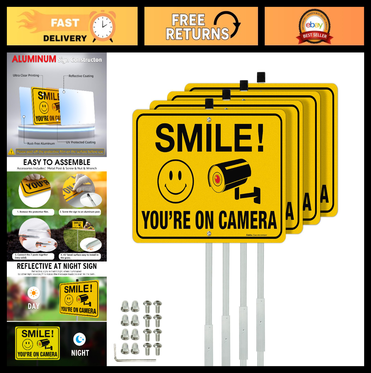 Smile Your On Camera Signs 4-Pack – 14″x10″ Reflective Aluminum Yard Stakes, Rus