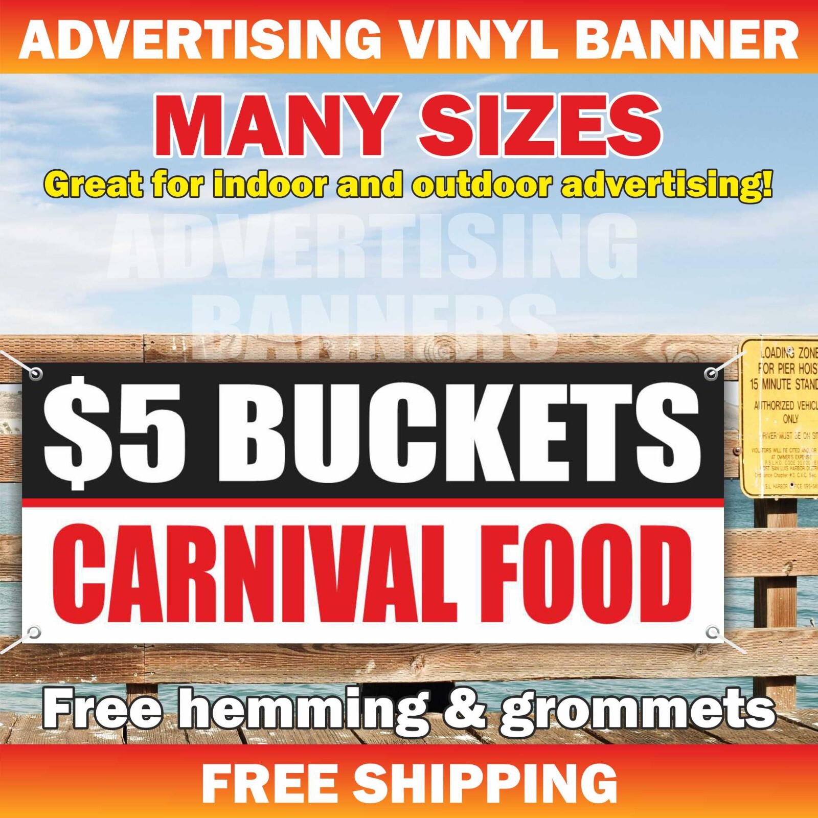 $5 BUCKETS CARNIVAL FOOD Advertising Banner Vinyl Sign breakfast dinner lunch