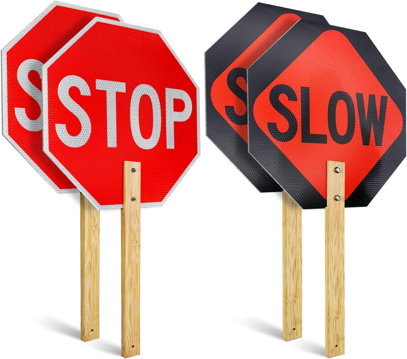 Stop Slow Sign with Bamboo Handle, 2-Pack 13″ X 13″ Double Sided Engineer Grade