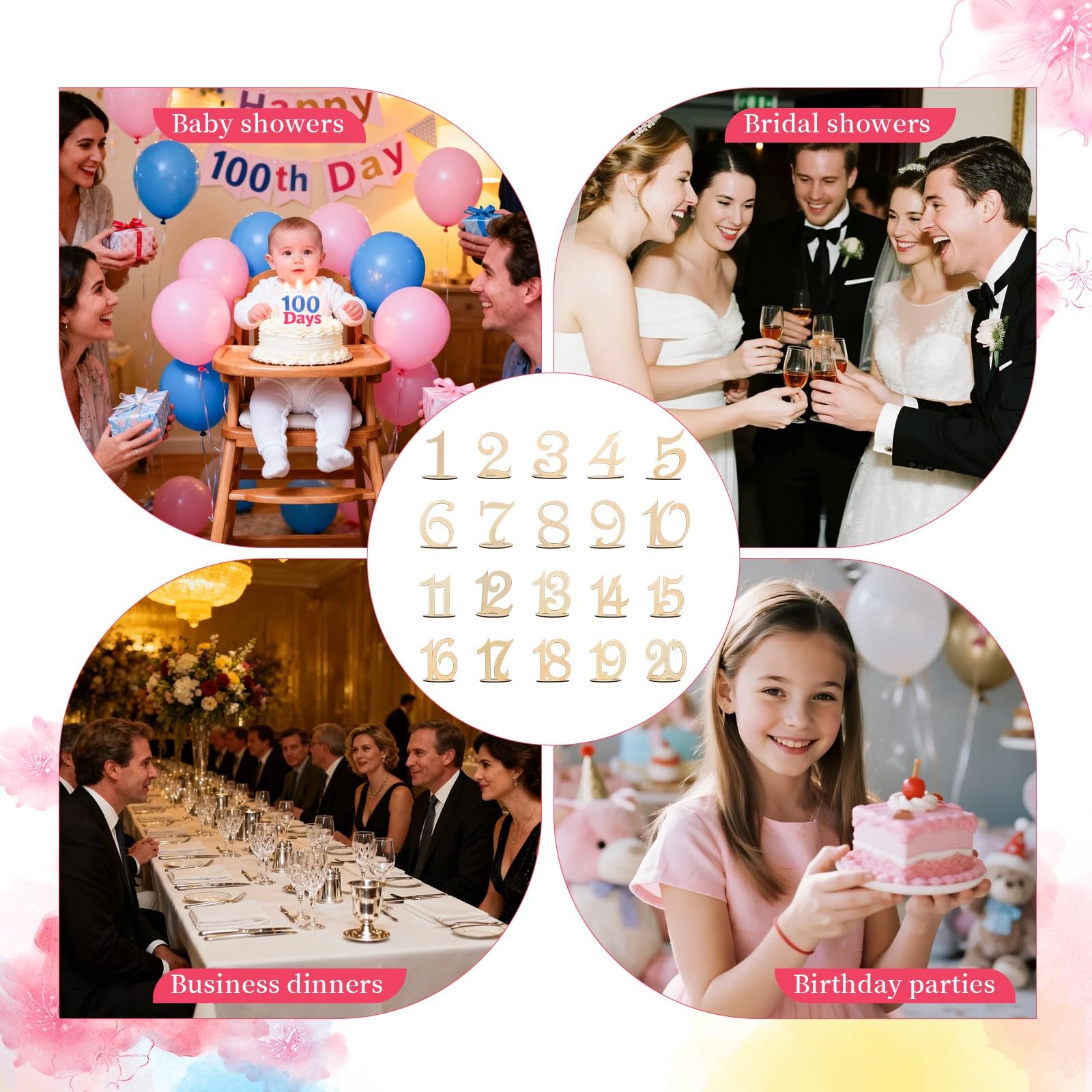 Wedding Table Numbers 1-20, Wooden Reusable Tabletop Signs with Stand for Wed…