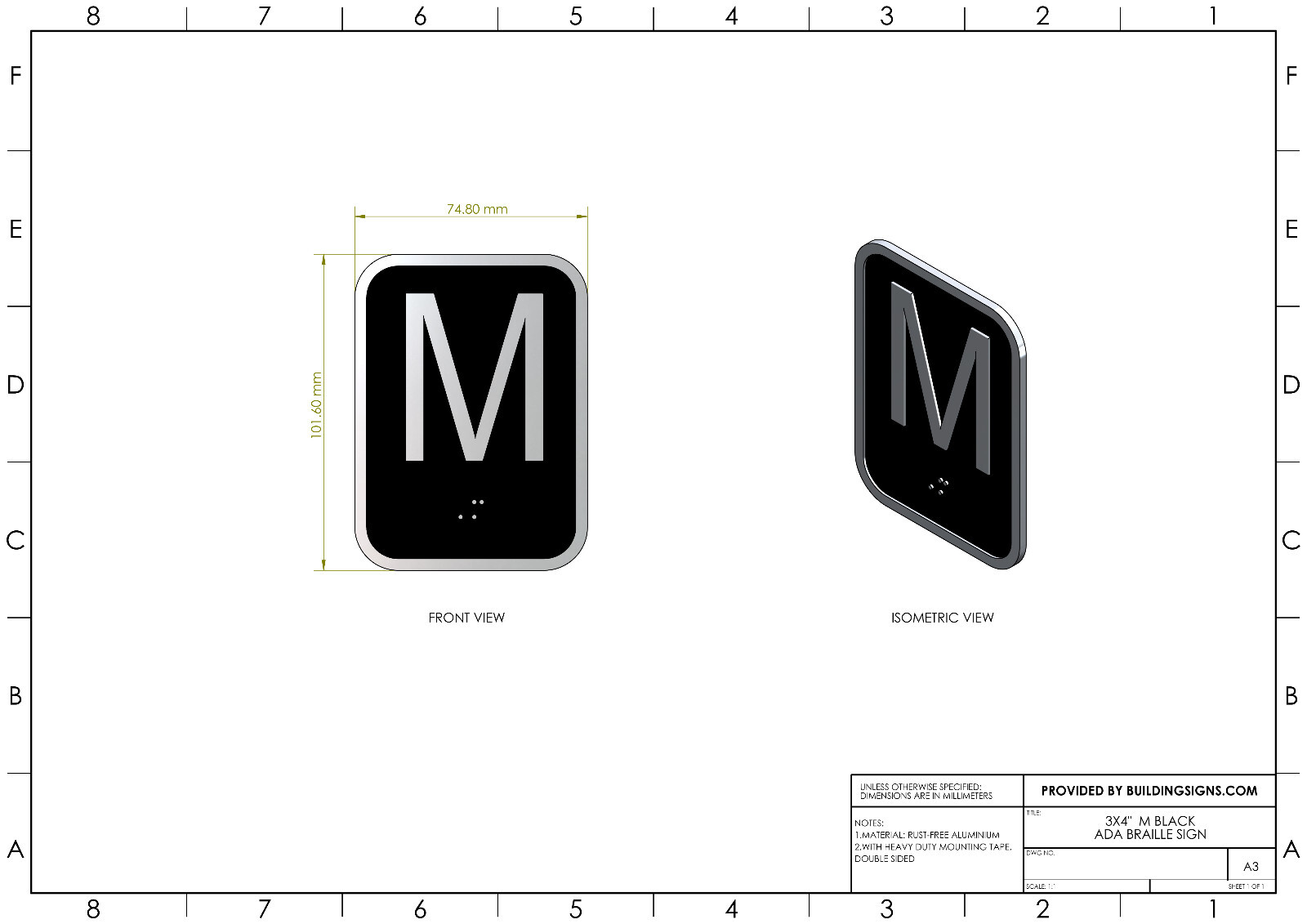 Elevator floor number M sign – Elevator Jamb Plate M (3×4, cast-REF24-1027